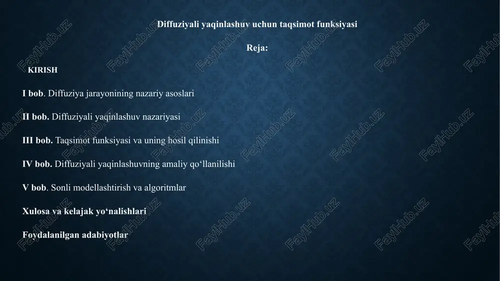 bog‘liqlik diffuziya koeffitsienti bilan belgilanadi. 1.2 fick qonunlari va ularning fizik talqini fickning birinchi qonuni (stasionar holat uchun): bu yerda — oqim zichligi, — konsentratsiya. bu qonun konsentratsiya gradienti bo‘yicha modda oqishini bildiradi. fickning ikkinchi qonuni (konservatsiya qonuni bilan birgalikda) — diffuziya tenglamasi: bu tenglama muhit ichidagi konsentratsiyaning vaqtga bog‘liq o‘zgarishini tasvirlaydi. 2.1 markov jarayonlari va tasodifiy yurish (random walk) diskret vaqt va fazodagi tasodifiy yurish modellari (masalan, bir o‘lchamli simple random walk) diffuziya jarayoniga yaqinlashishi mumkin. agar qadamlar mustaqil va identik taqsimlangan bo‘lsa, va qadam o‘lchami hamda vaqt bosqichlari mos ravishda kichraytirilsa, markov jarayoni limitida brown harakati paydo bo‘ladi. bu cheklanish markaziy limit teoremasining doimiy versiyasiga asoslangan. matematik: agar va ξk— nol o‘rtacha va dispersiyasi σ2 bo‘lsa, δt vaqt birligi uchun ko‘rinishida olinadi va d=σ2/(2δt). 2.2 ito difuziyasi va langevin tenglamasi stokastik differensial tenglamalar (sde) diffuziyali jarayonlarni ifodalash uchun qulay vositadir. langevin tenglamasi mikroskopik kuchlar (drift) va tasodifiy kuchlarni …