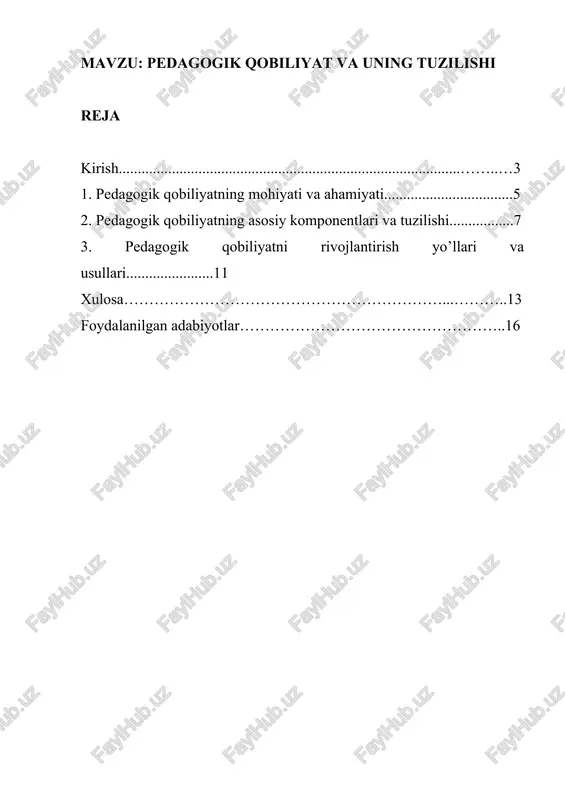 ijodiy yondashuv, moslashuvchanlik, o’quvchilar bilan samarali muloqot qila olish hamda ularning individual ehtiyojlarini hisobga olgan holda ta’lim jarayonini tashkil eta olish qobiliyati talab etiladi. pedagogik qobiliyatning mohiyati, uning tuzilishi, asosiy komponentlari va bu qobiliyatlarni rivojlantirishning nazariy hamda amaliy tomonlarini bilish har bir pedagog, tarbiyachi va ta’lim sohasida faoliyat yurituvchi mutaxassis uchun zarur. ushbu ishda pedagogik qobiliyatning mazmuni, uning psixologik asoslari, tuzilmasi va rivojlanish omillari keng qamrovli tahlil qilinadi. shuningdek, pedagogik qobiliyatlarni shakllantirish va takomillashtirish yo’llari, ularning amaliy ahamiyati va zamonaviy ta’lim jarayonidagi o’rni ham batafsil ko’rib chiqiladi. 1. pedagogik qobiliyatning mohiyati va ahamiyati pedagogik qobiliyat – bu o’qituvchining o’z professional faoliyatini yuqori sifatda va muvaffaqiyatli amalga oshirishi uchun zarur bo’lgan shaxsiy-psixologik xususiyatlar, qobiliyatlar va sifatlarning murakkab majmuidir. bu tushuncha oddiy bilim yoki alohida ko’nikma emas, balki pedagogning ichki salohiyati, uning ruhiy dunyosi, o’quvchilar bilan ishlashdagi o’ziga xos individual uslubi va ularni tarbiyalash hamda ta’lim berishdagi yondashuvlarining yig’indisidir. pedagogik qobiliyat tufayli …