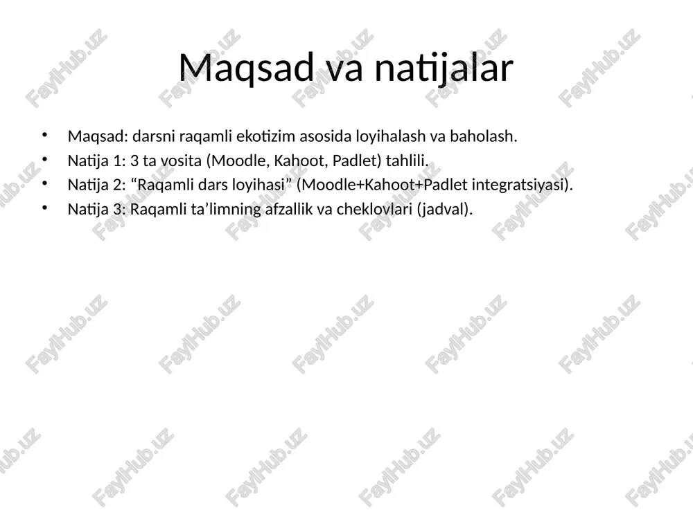 nteraktiv kontent, pdf/infografika, qisqa video. baholash: rubrika + treker; plagiatni tekshirish; exit-ticket. dars ssenariysi (45–90 daqiqa) 0–5 daq: maqsadlar va mezonlar; moodle’da qisqa ko‘rsatma. 5–12 daq: kahoot diagnostikasi (10 savol) — xatolar tahlili. 12–30 daq: mini-mazmun + h5p interaktiv blok (moodle). 30–42 daq: padlet’da kichik guruhlarda g‘oya/post yaratish; tengdosh fikri. 42–45 daq: 3-2-1 exit-ticket (kahoot yoki moodle forum). uyga vazifa: moodle’da topshiriq + rubrika; padlet galereyasini to‘ldirish. joriy etish bosqichlari 1-hafta: kurs tuzilmasi (moodle), baholash mezonlari va rubrikalar. 2-hafta: kontentni h5p/scorm ko‘rinishida joylash, sinovdan o‘tkazish. 3-hafta: kahoot savollari, padlet devori, sinf kodeksi (raqamli etik). 4-hafta: pilot dars, tahlil, tuzatish; keng joriy etish rejasi. rollar va mas’uliyatlar o‘qituvchi: dizayn, moderatsiya, rubrika bo‘yicha fikr-mulohaza. talaba: faol ishtirok, tengdosh fikri, akademik halollik. administrator/it: tizim barqarorligi, kirish huquqlari va zaxiralash. qo‘llab-quvvatlash: tezkor yordam, qisqa video yo‘riqnomalar. kpi va tahlil (analytics) ishtirok: loginlar, topshiriq topshirish ulushi, forum faolligi. sifat: rubrika bo‘yicha o‘sish, qayta topshirish samaradorligi. …