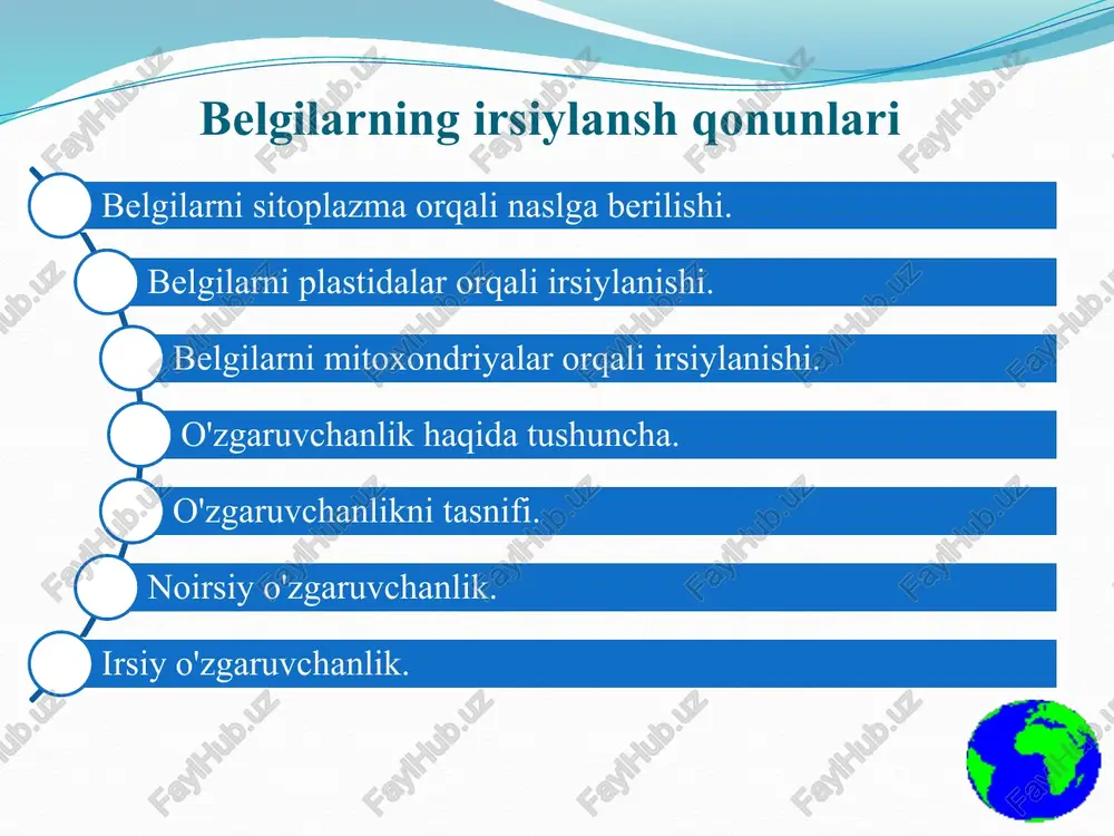 avjud bo'lgan, oson qo'shaloq duragaylar olish usulini yaratib berdi. belgilarni sitoplazma orqali nasldan — naslga berilishi dengiz chig'anoqlarida, ipak qurti urug'ini rangida o'rganilgan. dengiz chig'anoqlarida, chig'anoqlari chapga buralgan va o'ngga buralgan shakllari bo'ladi. chig'anoqlarni chapga burilishini — dd genlari, o'nga burilishini dd genlari ta'minlaydi. 3:1 nisbatda ajralish f2 da hosil bo'lmay, f3 da hosil bo'ladi. bu natija onalik sitoplazmasi bo'yicha belgi irsiylanishini ko'rsatadi va f3 da retsessiv belgi sitoplazma genlari ta'sirida ajralib chiqadi. belgilarni plastidlar orqali irsiylanishi. belgilarni plastidlar orqali irsiylanishini k.korrens 1908 yil nomozshomgulda va e.bauer 1909 yil geran o'simligida o'rganishgan. o'simliklarda barglarini har xil rangda yashil —oq bo'lishi kuzatiladi. yashil barglarini bir qismi oq, bir qismi qizg'ish bo'lishi kuzatiladi. irsiy belgilarning nasldan —naslga berilishida xromasomalar asosiy rol o'ynashi haqida aytgan edik. shu bilan birga olib borilgan ko'p ilmiy tekshirish ish-arida belgilarning nasldan — naslga berilishida xromasomalar bilan teng ahamiyatga ega bo'lgan strukturalarning sitoplazmada mavji dligi, ya'ni yadroning irsiyati …