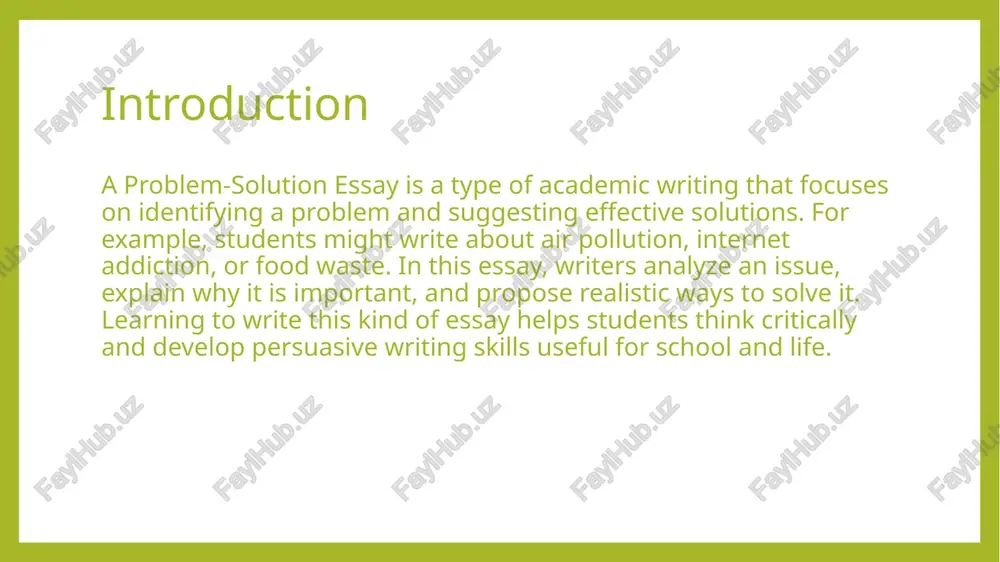 waste pollutes oceans, kills marine life, and harms the environment. every year, animals like turtles and birds die after eating plastic. poor waste management makes the problem worse.” writers can use facts or statistics to show how serious the problem is. this paragraph helps readers understand why the issue needs urgent attention. body paragraph: giving solutions the next paragraph offers solutions. example: “governments should create strict recycling laws. schools can educate students about waste reduction. people should use reusable bags and bottles.” writers must explain why each solution is effective. for example, “if citizens recycle and reuse items, less plastic will end up in the environment.” each idea should be realistic and supported with reasons. conclusion the conclusion summarizes the main problem and solutions. example: “plastic pollution is damaging our planet, but we can reduce it by recycling, using eco-friendly materials, and raising awareness.” it can also include a call …