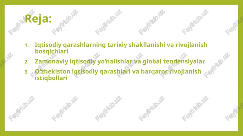 isodchisi jon meynard keynes iqtisodiyotda davlatning faol rolini ta’kidladi. uning fikricha, iqtisodiy inqirozlarni faqat davlatning tartibga soluvchi siyosati orqali yengish mumkin. keyneschilik nazariyasi ikkinchi jahon urushidan keyin ko‘plab mamlakatlarda iqtisodiy barqarorlikni ta’minlashda muhim rol o‘ynadi. neoliberalizm va bozor iqtisodiyoti xx asr oxiri va xxi asr boshlarida neoliberal qarashlar kuchaydi. bu yo‘nalish bozor erkinligini, xususiy mulkni va raqobatni asosiy tamoyil deb biladi. neoliberal siyosat ayniqsa aqsh va buyuk britaniyada keng tatbiq etildi. shu orqali global savdo, investitsiya va moliya tizimlari faol rivojlandi. globalizatsiya va raqamli iqtisodiyot xxi asrda iqtisodiyot globallashuv va raqamli texnologiyalar ta’sirida yangicha tus oldi. internet, sun’iy intellekt, kriptovalyutalar va elektron savdo iqtisodiy faoliyatni tubdan o‘zgartirdi. bu jarayon ishlab chiqarish samaradorligini oshirdi, lekin ayni paytda yangi muammolar – raqamli tengsizlik va kiberxavfsizlik muammolarini ham yuzaga keltirdi. barqaror rivojlanish konsepsiyasi hozirgi zamon iqtisodiy qarashlarida barqaror rivojlanish muhim o‘rin tutadi. bu konsepsiya iqtisodiy o‘sishni atrof-muhitni asrash va ijtimoiy adolat bilan uyg‘unlashtirishni …