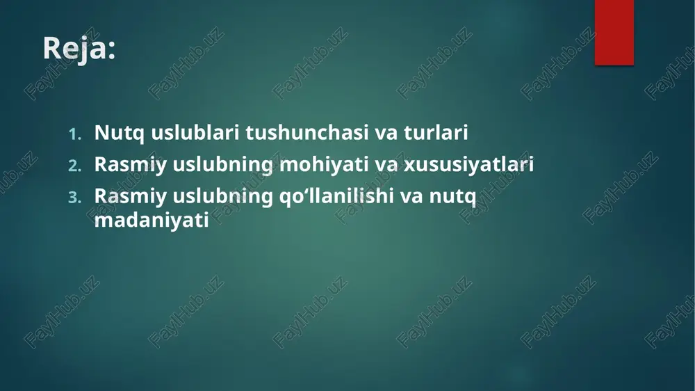 qlanadi”, “ma’qullanadi” kabi so‘zlar tez-tez uchraydi. u shuningdek, hujjatlarda, arizalarda, bayonot va qarorlarda qo‘llaniladi. rasmiy uslubning shakllari rasmiy uslubning bir necha shakllari mavjud: og‘zaki va yozma. og‘zaki rasmiy uslub majlis, yig‘ilish yoki rasmiy chiqishlarda ishlatiladi. yozma rasmiy uslub esa buyruq, farmon, ariza, ma’lumotnoma va shartnomalarda uchraydi. har ikkala shakl ham aniqlik va mantiqiy tuzilishga asoslanadi. rasmiy uslubda nutq madaniyati rasmiy uslubda nutq madaniyati juda muhim. hujjat yoki chiqish matni grammatik jihatdan to‘g‘ri, aniq va tushunarli bo‘lishi kerak. tilda ortiqcha so‘zlar, hissiy ifodalar, sheva elementlari ishlatilmaydi. rasmiy nutqni tuzishda adabiy til me’yorlariga qat’iy rioya qilinadi. bu uslub insonning saviyasi va hurmatini aks ettiradi. xulosa xulosa qilib aytganda, nutq uslublari tildan maqsadga muvofiq foydalanish imkonini beradi. rasmiy uslub esa jamiyatdagi tartib-intizom, rasmiy aloqa va huquqiy munosabatlarda asosiy rol o‘ynaydi. u so‘zlashuvda aniqlik va izchillikni ta’minlaydi. har bir fuqaro rasmiy uslub qoidalarini bilishi va to‘g‘ri qo‘llay olishi zarur. foydalanilgan adabiyotlar: abdurahmonov o., o‘zbek …