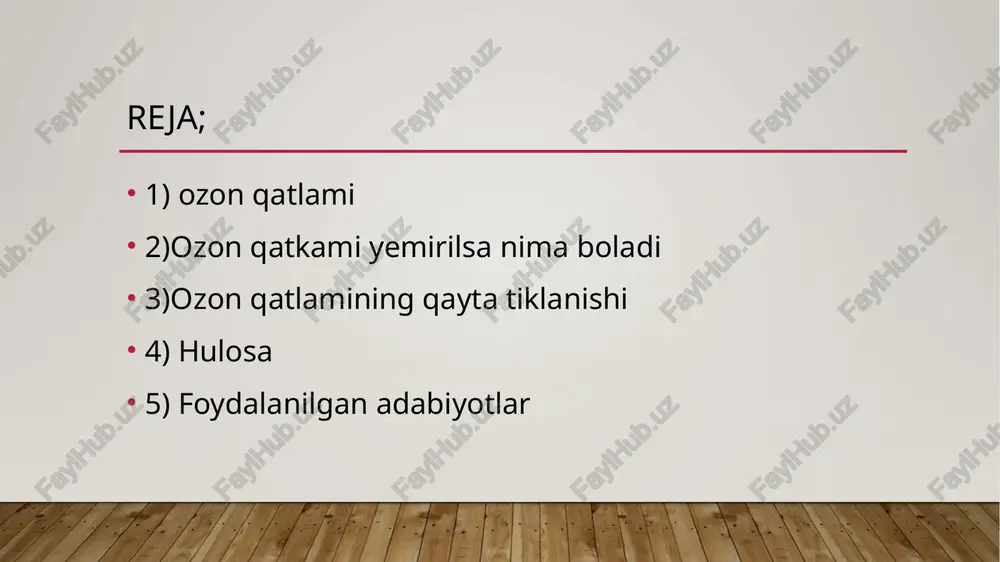 ladi. hulosa; ozon qatlami butun yer atmasferasi uchun juda ahamyatli qatlam hisoblanadi chunki bu qatlam ozida juda kop quyosh nuridan kelayotgan nurlarni ozida ushlab qolib filtrlab keyn bizga o’tkazadi agar u yoqolsa insonda turli teri kasalliklri paydo boladi osimlik va yayvono dunyosiga ham juda katta zarar yetadi yer yuzida hayot yola boshlaydi. foydalanilgan adabiyotlar 1) internet malumoti; https://arxiv.uz/uz/documents/slaydlar/ekologiya/ozon-qatlami-va-uning-insoniyat-uchun-ahamiyati 2)internet malumoti; https://www.xabar.uz/uz/jamiyat/ota-global-muammo-ozon-qatlami-tuynuklari 3)internet malumoti; https://www.xabar.uz/uz/jamiyat/ota-global-muammo-ozon-qatlami-tuynuklari image2.png image3.jpeg image4.png image5.jpeg image6.jpeg image7.jpeg image8.png image1.jpg /docprops/thumbnail.jpeg