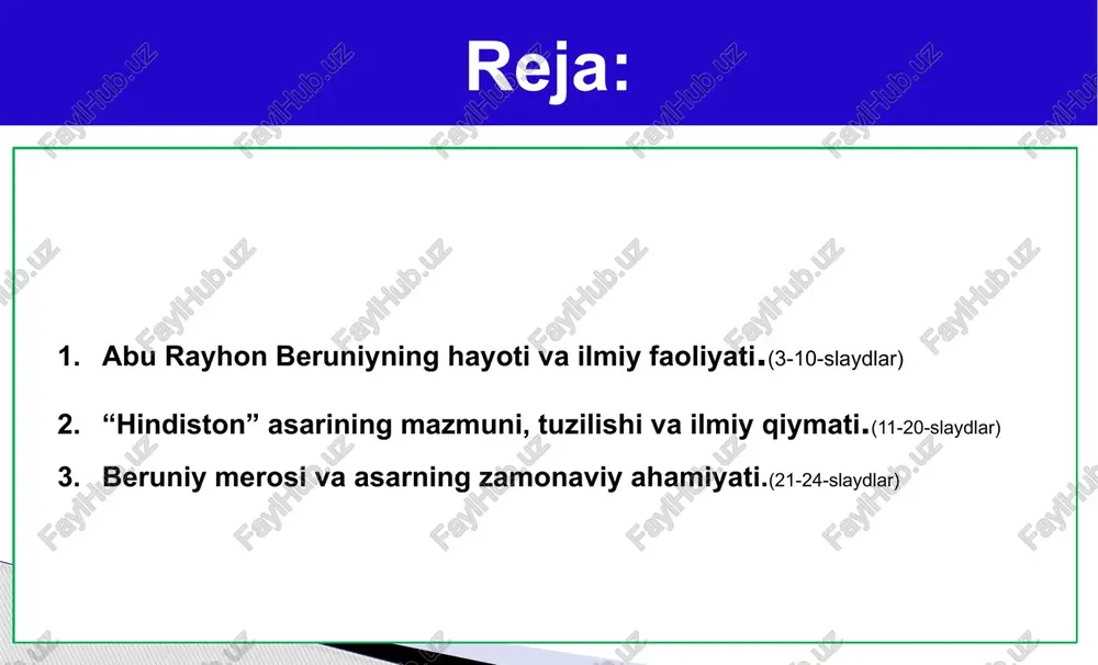 alsafa, astronomiya fanlarini mukammal o‘rganadi. kamyob fakt: beruniy xorazmda yashagan paytda o‘zining “qadimgi xalqlardan qolgan yodgorliklar” asarini yozishni boshlagan — bu asar tarixiy geografiyaning dastlabki namunasi sanaladi. beruniy shakllangan muhit beruniy o‘z umrida 146 dan ortiq ilmiy asar yozgan. ulardan 22 tasi to‘liq saqlangan. fan tarmoqlari: geodeziya (yer o‘lchovlari) astronomiya tarixiy geografiya matematika geologiya kimyo va farmatsiya dinshunoslik va falsafa kamyob fakt: beruniy “al-qonun al-mas’udiy” asarida 100 dan ortiq astronomik kuzatuvlarni o‘zi amalga oshirgan. u bu asarni o‘z zamonasida “rasadxona”siz, ya’ni qo‘l mehnati bilan yozgan. 150 dan ortiq asarlar muallifi 1020-yillarda beruniy g‘azna (afg‘oniston) shahriga ko‘chgan. mahmud g‘aznaviy uni saroy olimi sifatida himoya ostiga olgan va hind yurishlarida hamrohlik qilgan. hindistonda 13 yil yashab, sanskrit tilini o‘rgangan, hind olimlari bilan bahslar olib borgan. bu tajribalar uning “hindiston” asarini yozishga turtki bo‘lgan. kamyob fakt: beruniy hind yerini geodezik o‘lchovlar bilan xaritalagan. u nil daryosining oqim tezligini o‘lchash uchun maxsus asbob ixtiro …
