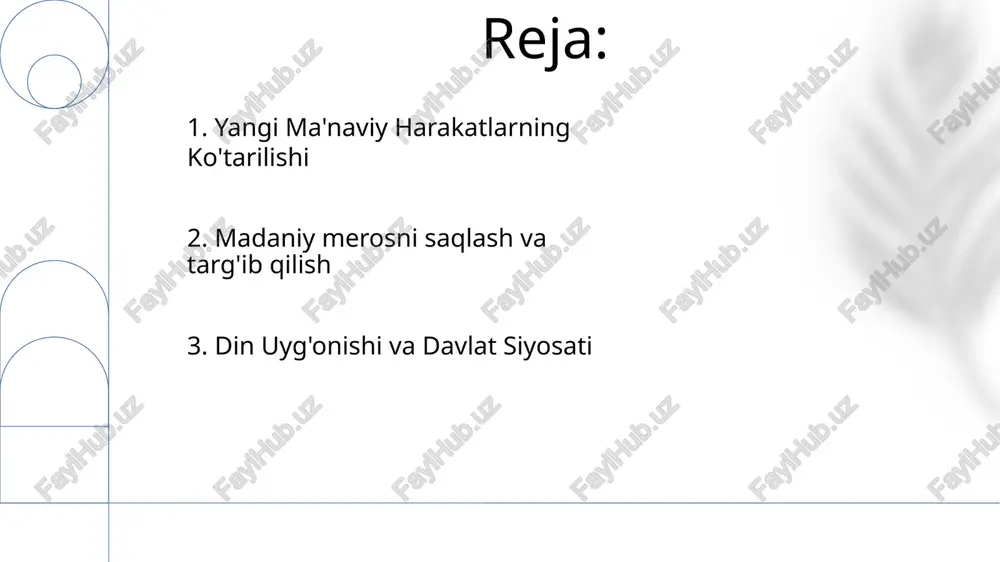 amarqand registani va xiva itchan-qalasi boy tarixini aks ettiruvchi turli davrlarga oid (islomgacha, temuriylar davri, sovet davri) eksponatlar namoyish etildi 7. o'zbekistonning madaniy diplomatiyasi oʻzbekistonning madaniy diplomatiyasi 30 dan ortiq elchixonalar orqali an'anaviy san'atlarni (ipak toʻqish, miniatyura, shashmaqom musiqasi) jahonga targʻib qilib, "buyuk ipak yoʻli" narrative orqali 50 dan ortiq xalqaro kinofestival va koʻrgazmalar orqali millionlab odamlarga yetib bormoqda 8. an'anaviy hunarmandchilikni saqlash an'anaviy musiqa (shashmaqom, dutor), raqs (lazgi) va teatrning qayta tiklanishi, toshkent, farg'ona vodiysida va qoraqalpog'istonda 30 dan ortiq davlat tomonidan moliyalashtiriladigan madaniyat markazlari va ko'plab xususiy tashabbuslar yordamida amalga oshirildi 9. turistlik va madaniy meros o'zbekistonning turizmi 1991-yildagi mustaqillikdan keyin keskin oshdi, yiliga 7 milliondan ortiq sayyoh samarqand, buxoro, xiva – yuneskoning jahon merosi obyektlari bo'lgan islom arxitekturasi, registon maydoni, qadimiy masjidlar, madrasalar va minoralarni tomosha qilish uchun keldi 10. qo'shni madaniyatlarning ta'siri mustaqillikdan keyin xorijiy investitsiyalar va turizm, ayniqsa, rossiya va xitoy kabi qo'shni mamlakatlardan, shuningdek, …