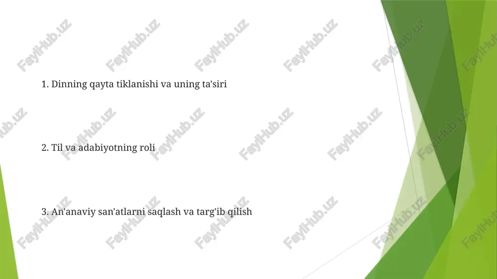bu global qarashlarga ta'sir ko'rsatdi mustaqillikdan oldingi madaniy manzara an'anaviy hunarlarning qayta tiklanishi 3000 dan ortiq masjid, madrasa (masalan, buxoro mir-i-arab madrasasi) va sufiy xonqohlari tiklanishi bilan ma'naviy taraqqiyot ham qayta tiklandi. ushbu joylar hozir diniy, ta'limiy va madaniy funksiyalarni bajaradi qayta tiklanish iqtisodiy foyda keltirdi. an'anaviy hunarmandchilik 50,000+ ish o'rni yaratdi, mahalliy iqtisodiyotni, ayniqsa qishloq joylarini rivojlantirdi. turizm daromadlari madaniy meros obyektlaridan (masalan, samarqand registon maydoni, xiva itchan qal'a) sezilarli darajada oshdi madaniy meros obyektlarini muhofaza qilish va saqlash o'zbekistonning 1991-yildan keyingi mustaqilligi davrida samarqanddagi registon maydoni va buxorodagi poy kalyan majmuasi kabi 1500 dan ortiq tarixiy yodgorliklarni tiklash bo'yicha katta ishlar amalga oshirildi, bunga yuneskoning jahon merosi obyektlari va 500 million dollardan ortiq davlat mablag'lari kiritilgan. oʻzbek kinolari va uning rivojlanishi madaniy va ma'naviy taraqqiyot bo'yicha davlat siyosati konstitutsiyada din erkinligi kafolatlangan, hukumat islom (asosan sunni hanafiy), pravoslav xristianligi va boshqa dinlarni ifodalovchi 2300 dan ortiq diniy tashkilotni …