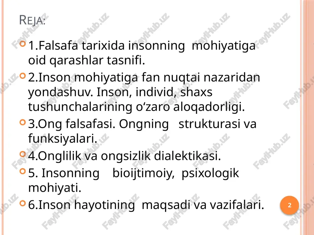 elamiz. u «inson fikrlovchi narsadir», deb hisoblaydi mashhur frantsuz faylasufi r.dekart (1596-1650) 6 insonni o'rganishga nisbatan boshqa ko'p sonli yondashuv introvertiv ekstrovertiv insonning ong, jon, ruhiyat, instinktlar, nuqsonlar, fazilatlar kabi muhim xu- susiyatlarini tahlil etib, uni «ichdan» tushunish, anglab etishni nazarda tutadi insonga nazar tashlash, uning mohiyatini tahlil qilish go'yoki «sirtdan» amalga oshiriladiki, bu- ning natijasida diqqat markazidan uning ijti- moiy va tabiiy mohiyati o'rin oladi; tegishli mo'l- jallarga muvofiq inson- ning xudo, kosmos, univer- sum va shu kabilar bilan aloqasi tahlil qilinadi. 7 sharq falsafasida inson qadimgi sharq, xususan xitoy falsafiy tizimlari sotsiotsentrik kontseptsiyalar 8 qadimgi hind falsafasi antropotsentrizm masalan: buddizmda nirvanaga erishish inson barcha niyatlarining piro- vard maqsadi deb e'lon qilinadi. nirvana jonning shunday bir holatiki, bunda har qanday mayllar yo'qoladi va ichki uyg'unlik yuzaga keladi, mutlaqo erkinlik va tashqi dunyoga qaram emaslik tuyg'usi paydo bo'ladi. 9 teotsentrizm kontseptsiyasi bu kontseptsiyaga muvofiq hamma narsani xudo belgilaydi. xristianlikning mohiyatini …
