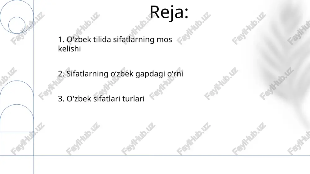 kelishik jihatidan uylar ko'plik shakliga mos keladi. ko'pgina sifatlar qo'shimchalar yordamida yasaladi va otning son va kelishigiga qarab o'zgaradi. 6. sifat yasalishi ko'pgina qo'shimchalar yordamida miqdor (ikki yuzta – ikki yuz), sifat (yaxshi – yaxshi, yomon – yomon) va egalik (mening – mening, sening – sening) sifatlar hosil bo'ladi söz shakli (grammatik jins) sifat hosil boʻlishga taʼsir qilmaydi; biroq, semantik xususiyatlar maʼlum kontekstlarda sifat tanlashga taʼsir qilib, kamida 5 hududda nozik ifodalarni yaratadi va taxminan 150 qoʻshimcha bilan ancha murakkab morfologiyani namoyon etadi. 7. taqqoslash va eng yuqori darajadagi sifatlar xiva me'morchiligi misolida "eng..." (eng baland, eng qadimgi, eng katta, eng chiroyli, eng noyob) superlativlari, ikki narsani solishtirishda esa "-dan ko'ra" qo'shimchasi keng qo'llaniladi. e'tiboringiz uchun rahmat @taqdimot_robot image1.png image2.jpg image3.jpg image4.jpg image5.jpg image6.jpg image7.jpg image8.jpg