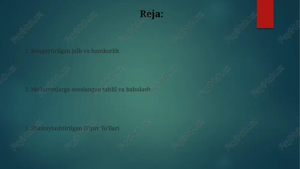 lashni nazarda tutib, 50-75 minutlik dars vaqtini interaktiv mashg'ulotlar, loyihalar va individual yordamga (smart sinflar, universitet laboratoriyalari) ajratadi aralash o'qitish usullari nyu york shahar maktablarida interaktiv simulyatsiyalar (masalan, kimyoda virtual laboratoriyalar, anatomiyada 3d modellari) murakkab tushunchalarni yaxshiroq anglashga yordam beradi singapur maktablarida lms (masalan, moodle, blackboard) kabi raqamli vositalar individual o'quv yo'llarini, shaxsiylashtirilgan fikr-mulohazalarni (masalan, avtomatlashtirilgan insholarni baholash, shaxsiylashtirilgan testlar) va turli geografik joylarda o'quvchilarning yutuqlarini kuzatib boradigan moslashuvchan baholashni (masalan, kahoot!dagi testlar orqali shakllantiruvchi baholash) ta'minlab, o'rganish samaradorligini oshiradi. ta'limda kengaytirilgan haqiqat ar, haqiqiy dunyo muhitlarini raqamli ma'lumotlar bilan boyitadi (masalan, biologiya darslarida 3d anatomik modellari, geografiyada 20 dan ortiq video joylashtirilgan interaktiv darsliklar) uzoqdagi maktab o'quvchilariga amazon o'rmoni yoki buyuk to'siq rifi virtual sayohatlari teng imkoniyat yaratadi. xarajat 80%ga kamaydi, 100 qishloq maktabidagi 5000+ o'quvchi foydalanadi. ar o'yinlari (masalan, minecraft uslubidagi tarix darslari) ishtirokni 40%ga oshirib, murakkab tushunchalarni yaxshi o'zlashtirishga yordam beradi. onlayn kurslar va mooclar kirish imkoniyati …