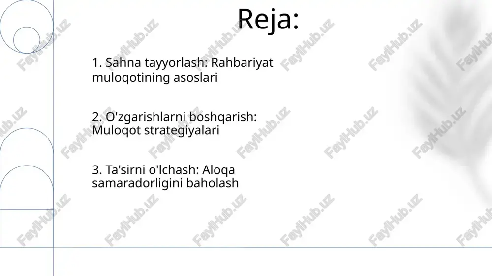 o'zaro munosabatlarni o'rnatish samimiy muloqot usullari: 1. faol tinglash (qayta bayon qilish, aniqlovchi savollar; 2 soatlik seminar); 2. empatiya (nuqtai nazarni tushunish, g'amxo'rlik ko'rsatish; norasmiy jamoa tushligi); 3. samimiylik (haqiqiy muloqot, shaffoflik; ochiq eshik siyosati, 10 daqiqalik kundalik suhbatlar). rahbariy aloqa bosqichlari: 1. vazifani belgilab olish (aniq maqsadlar, qisqa xabarlar; 2024 strategik rejasi); 2. amalga oshirish (topshiriq berish, fikr-mulohaza mexanizmlari; loyiha jadvallari, haftalik hisobotlar); 3. baholash (ish samaradorligini baholash, ma'lumotlar tahlili; 360 daraja fikr-mulohaza so'rovlari, o'lchanuvchi kpilar). e'tiboringiz uchun rahmat @taqdimot_robot image1.png image2.jpg image3.jpg image4.jpg image5.jpg image6.jpg image7.jpg image8.jpg