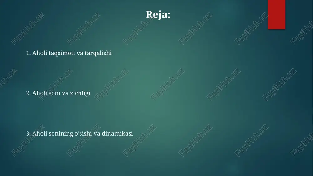 lar 58%), kasbi, ta'lim darajasi (savodxonlik darajasi juda farq qiladi; saxara janubidagi afrika rivojlangan davlatlardan past) kabi omillarni qo'llaydi. aholi ro'yxati ma'lumotlari siyosat uchun muhim ahamiyatga ega. asosiy xususiyatlar: yosh tuzilmasi (qaramlik koeffitsiyentlari, o'rtacha yosh), tug'ilish darajasi (jahon bo'yicha pasayish, sub-saharan afrikada eng yuqori), o'lim darajasi (chaqaloq o'limi asosiy ko'rsatkich, tibbiy xizmatga kirishga bog'liq; yaponiyada eng yuqori umr ko'rish). aholining o'sishi turlicha; rivojlangan mamlakatlarda sekin, rivojlanayotganlarda tezroq. jahon aholisi taqsimoti notekis; 7,9 milliard umumiy, 55% osiyo (xitoy, hindiston), 17% afrika (nigeriya, misr), ko'plab davlatlarda shaharlashuv 50% dan oshdi. qishloqdan shaharga ko'chish infratuzilmaga ta'sir ko'rsatmoqda. aholi sonining o'sish sur'ati aholi soni o'sish sur'ati: jahon bo'yicha ~1% (2023); farqlar katta: saxara janubidagi afrika (2,5%+), yevropa (<0,1%), ko'pgina mega-shaharlarda (tokio, mumbay, dehii) sig'imdan oshib ketgan. omillar: tug'ilish, o'lim va migratsiya (qishloq-shahar, xalqaro). aholi tasnifi: yosh tuzilmasi (yoshlar ko'pligi yoki qarish), jinsiy nisbat (jahon bo'yicha ~1.01 erkak/ayol), shaharlashuv darajasi (2023 yilda jahon bo'yicha 68%, …