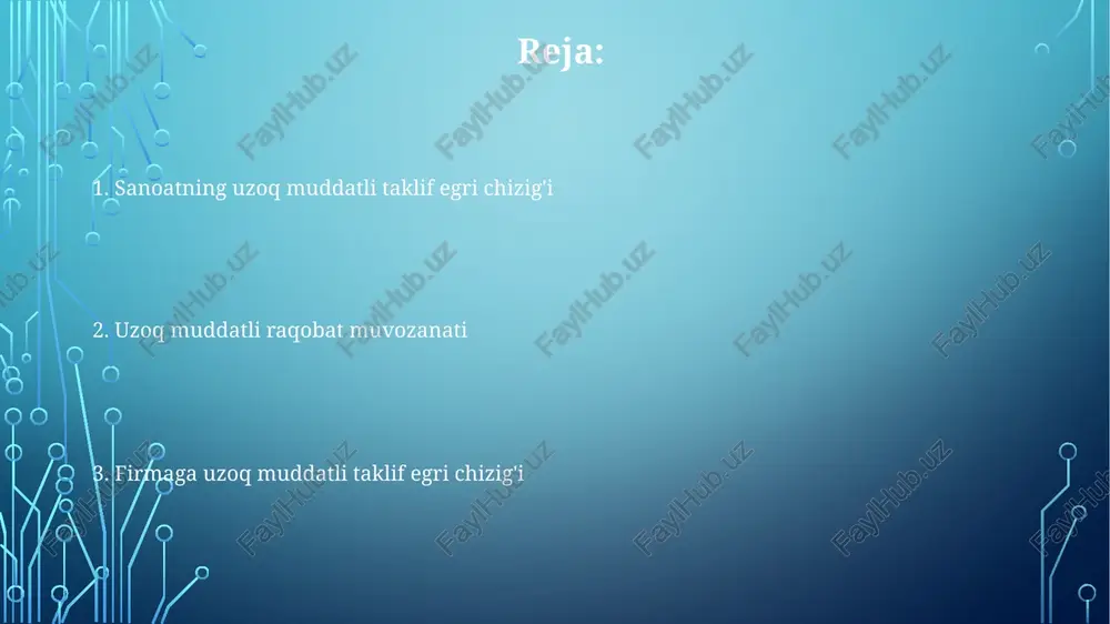 xil mahsulotlar; erkin kirish va chiqish uzoq muddatli ta'minot egri chizig'ining gorizontal bo'lishini ta'minlaydi; talabdagi o'zgarishlar faqat sanoat mahsulotini, narxni emas, ta'sir qiladi raqobatbardosh firmaning uzoq muddatli xarajat egri chiziqlari uzoq muddatli sanoat ta'minoti (masalan, jahon kofe bozori) vakil korxonaning minimal lrac darajasida mukammal elastik; ko'p firmalar; resurs narxlari yoki texnologiya o'zgarishlari lrac egri chizig'iga va shu bilan uzoq muddatli sanoat ta'minoti egri chizig'iga ta'sir qiladi. uzoq muddatli foyda maksimalashtirish raqobatbardosh firmalar uchun uzoq muddatli foyda maksimalizatsiyasi p=mc=atc minimumida, bozor muvozanatida q birlikda iqtisodiy foyda nol bo'lganda amalga oshiriladi; sanoat taklifi p barcha firmalarning optimal chiqimlarini aks ettiradi. raqobatli tarmoqdagi uzoq muddatli muvozanat ko'plab firmalarni, har biri minimal atc da ishlab chiqarishni, p narxi minimal atc ga teng bo'lishni va iqtisodiy foyda nolga teng bo'lib, kirish/chiqishga yo'l qo'ymasligini o'z ichiga oladi. uzoq muddatli tarmoq ta'minoti egri chiziq talab o'zgarishlarining uzoq muddatli muvozanatga ta'siri talabning pasayishi (masalan, appalachiya koʻmirga boʻlgan talab …