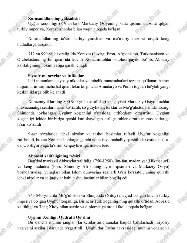 di; tang sulolasi ishtiroki muhim ahamiyatga ega edi. uyghurlar va tang uchun katta yo'qotish. xorasanidlarning yüksalishi uyğur xoqonligi (8-9-asrlar), markaziy osiyoning katta qismini nazorat qilgan turkiy imperiya, xorazmshohlar bilan yaqin aloqada bo'lgan xorasanidlarning ta'siri harbiy yurishlar va ma'muriy nazorat orqali keng hududlarga tarqaldi 712 va 999-yillar oraligʻida xorazm (hozirgi eron, afgʻoniston, turkmaniston va oʻzbekistonning bir qismi)da kuchli xorazmshohlar sulolasi paydo boʻlib, abbasiy xalifaligining hokimiyatiga qarshi chiqdi siyosiy manevrlar va ittifoqlar ikki tomonlama siyosiy nikohlar va tobelik munosabatlari tez-tez qo'llanar, ba'zan mojarolarni vaqtincha hal qilar, lekin ko'pincha amudaryo va pomir tog'lari bo'ylab yangi keskinliklarga olib kelar edi xorazmiyliklarning 800-900 yillar atrofidagi kengayishi markaziy osiyo kuchlar muvozanatiga sezilarli ta'sir ko'rsatib, so'g'diyliklar, turklar va mo'g'uliston hamda hozirgi shinjonda joylashgan uyghur xog'anligi o'rtasidagi ittifoqlarni o'zgartirdi. uyghur xog'anligi ichida bir-biriga qarshi kurashayotgan turli guruhlar o'zaro munosabatlariga ta'sir ko'rsatdi 9-asr oʻrtalarida ichki nizolar va tashqi bosimlar tufayli uygʻur xoganligi zaiflashdi, bu esa xorazmshohlarga, garchi notekis va …