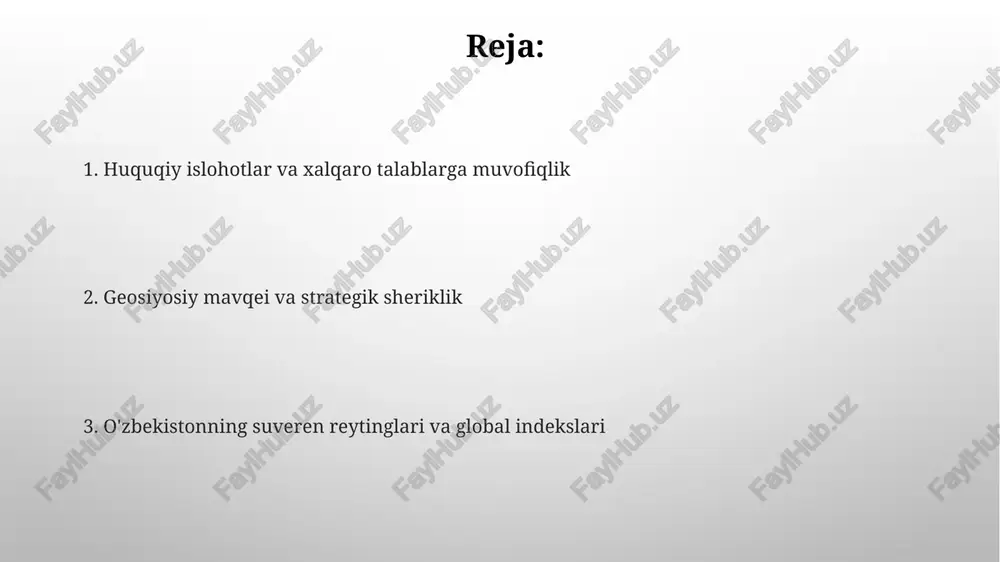 urash harakatlarini aks ettirib oʻzgarib turadi; 2023 yilgi maʼlumotlar yaxshilanishni koʻrsatadi, ammo mintaqaviy beqarorlik baholarga taʼsir qiladi. xalqaro terrorizmga qarşı hamkorlik (xtxh) ishtiroki reytinglarga taʼsir qiladi. o'zbekistonning şanxay hamkorlik tashkiloti (şht) va to'plam xavfsizlik shartnomasi tashkiloti (txşt)ning terrorizmga qarshi tashabbuslaridagi ishtiroki uning mintaqaviy xavfsizlik profilini oshiradi va terrorizm xavfi indeksi (txi) kabi xalqaro baholarga ta'sir qiladi. muvaffaqiyatli terroristik hujumlar soni reytinglarga sezilarli ta'sir qiladi. siyosiy barqarorlik va boshqaruv ko'rsatkichlari o'zbekiston transparency internationalning korrupsiya seviyasi indeksida asta-sekin yaxshilanishni ko'rsatmoqda, biroq hali ham mintaqaviy o'rtacha ko'rsatkichlardan past o'zbekistonning 2022 yildagi global tinchlik indeksi reytingi avvalgi yillarga nisbatan biroz yaxshilanishni ko'rsatadi; shunga qaramasdan, afg'oniston bilan 2200 km umumiy chegarasida chegarani himoya qilish muammolari saqlanib qolmoqda, bu mintaqaviy barqarorlik va xalqaro idrokka ta'sir ko'rsatmoqda iqtisodiy raqobatbardoshlik va integratsiya oʻzbekistonning 2024 yildagi korruptsiya sezgirlik indeksi (ksi) 10 ballga oshdi, investorlarning ishonchini oshirdi. muhim sohalarga (konchilik, turizm) toʻgʻridan-toʻgʻri xorijiy investitsiyalar (ttxi) 15 milliard dollarga yetdi, yaim …