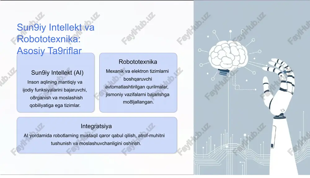 a mijozlarga xizmat ko8rsatishda robototexnika va ai vositalaridan foydalanilmoqda. o8zbekiston misolida ai va robototexnika mahalliy ekspertiza mahliyo abrayeva va samariddin almardanovning fintech va ai integratsiyasi bo8yicha ilmiy ishlari o8zbekiston ilmiy salohiyatini namoyish etadi. moliyaviy sektor innovatsiyalari payme, click, uzum bank kabi kompaniyalarda ai texnologiyalarining amaliy qo8llanilishi mijozlarga qulaylik yaratmoqda. sanoatni rivojlantirish mahalliy sanoatda robototexnika va ai asosida ishlab chiqilgan yangi texnikalar ishlab chiqarish samaradorligini oshirmoqda. ilmiy yutuqlar va tadqiqotlar professor said gulyamovning <boshqaruv, robototexnika va mexatronika= bo8yicha nashrlari sohaning ilmiy asosini mustahkamlaydi. zamonaviy injeneriya sohasidagi ilg8or g8oyalar va yechimlar o8zbekiston ilmiy makonida robototexnika va ai sohasidagi rivojlanishga xizmat qilmoqda. ushbu tadqiqotlar mamlakatimizning texnologik mustaqilligini ta9minlashda muhim ahamiyatga ega. kelajakdagi imkoniyatlar va muammolar iqtisodiy o'sish ai va robototexnika jamiyat va iqtisodiyotga katta ta9sir ko8rsatib, yangi sanoat tarmoqlarini rivojlantiradi. xavfsizlik va etika xavfsizlik, axborot maxfiyligi va etik masalalar, shuningdek, ish o8rinlariga ta9siri bo8yicha yangi yechimlar talab etiladi. inson-robot hamkorligi texnologiyalarni inson bilan …