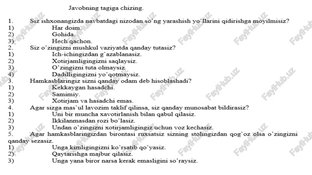 nomidagi psixonevrologiya institutida moslashtirilgan. bu so’rovnoma kishi kayfiyatidagi hissiy o’zgarishdagi shikoyatlar intensivligini aniqlab beradi. odamning tabiiy holati uning xulqini hissiy stereotipiga ta`sir qiladi. bu somatikaning psixikaga ta`siri natijasidir. buning aksi ham bo’lishi mumkin, insonda bo’lgan hissiy sterotip insonning tabiiy holatidagi ichki kechinmalariga ta`sir qiladi. xulqning hissiy stereotipi organik holatlarning qabul qilishiga ta`sir qiladi. tibbiyotda “kasallikning sub`ektiv darajasi” degan tushuncha bor. somatik buzilishlarning ob`ektiv ko’rinishidan farqli, sub`ektiv daraja inson sog`ligini emotsional holatini ko’rsatadi. har bir sezgi sub`ektiv his qilish bilan bo’ladi. bunday sezgilar yig`indisi sub`ektiv darmonsizlik intensivligini aniqlaydi. kishi sog`lig`i yuzasidan bo’ladigan shikoyatlarning intensivligining jami bola shaxsi ruhiy holatining mustaqil omilini hosil qiladi. bu erda har qanday shaxs kasal yoki vrachga murojaat qilgan shaxs haqida ketyapti. har birimiz u yoki bu darajada sog`ligimiz haqida qayg`uramiz. ushbu so’rovnomada kayfiyatning hissiy shikoyat intensivligi berilgan. kasallik darajasi shkala bo’yicha baholanadi: 0-yo’q, 1-engil, 2-bir necha, 3-ancha, 4-kuchli. ma`lumotlarning ishlanishi shkalalar bo’yicha quyidagi ballar hisoblanadi. “xolsizlik” …