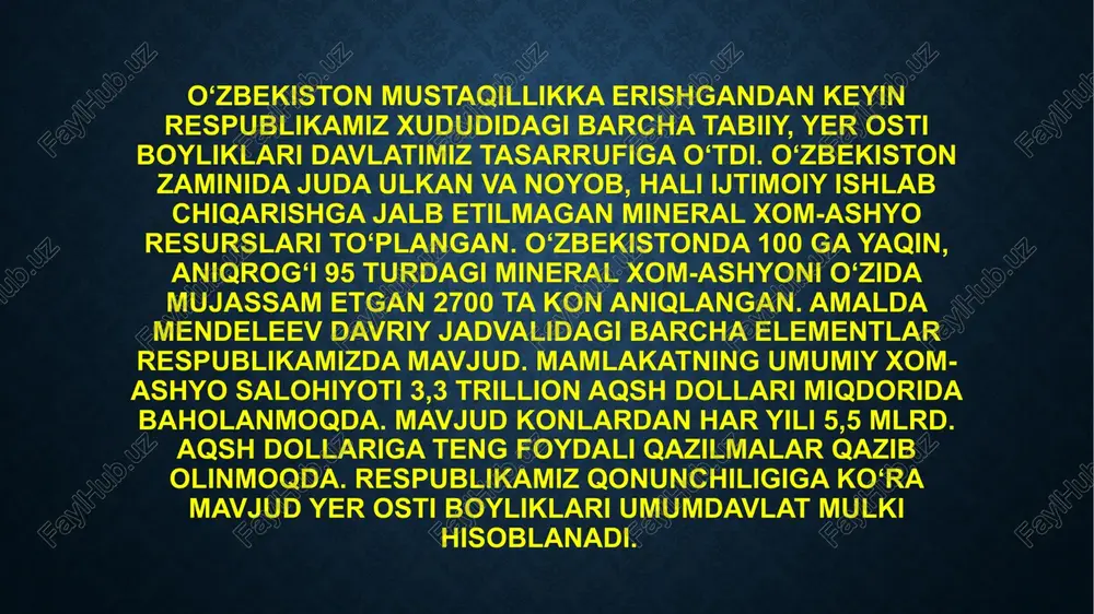 igi; foydali qazilmalarni qazib olish bilan bog‘liq yer ostini o‘rganish ishlari bo‘yicha hisobni yuritish hamda yer osti boyliklarini qazib olish jarayonida qazib olingan va yo‘qotilgan foydali qazilmalar zaxiralarini yer qa’ridan foydalanuvchining hisobidan chiqarishni kelishish bo‘yicha ruxsat etish xususiyatiga ega hujjatlar foydali qazilmalarni qazib olish bilan bog‘liq yer ostini o‘rganish ishlari bo‘yicha hisobni yuritishga birlashtirish orqali bekor qilinganligi; kon ajratish dalolatnomasi, konchilik va qayta ishlash korxonasining texnik loyihasi hamda korxonaning foydali qazilmalarni qazib olish loyihasi, shu jumladan konning tajriba sinovini muvofiqlashtirishni kelishish kon ajratish dalolatnomasiga birlashtirilgan holda bekor qilinganligi; ruda va noruda foydali qazilmalarni o‘z ichiga olgan yer qa’ri uchastkalaridan foydalanish huquqi uchun litsenziya “ruxsatnoma”ga o‘zgartirilib, barcha jarayonlarni, jumladan to‘g‘ridan to‘g‘ri muzokaralar asosida ruxsatnomani berishni to‘liq elektronlashtirish nazarda tutilganligi; foydali qazilmalarni qazib olish bilan bog‘liq yer ostini o‘rganish ishlari bo‘yicha hisobni yuritish hamda yer osti boyliklarini qazib olish jarayonida qazib olingan va yo‘qotilgan foydali qazilmalar zaxiralarini yer qa’ridan foydalanuvchining hisobidan chiqarishni …