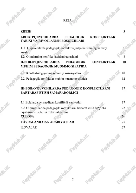 a ilk bolalik davridagi injiqlik, o‘yinchoq talashish, birovlarga hasad qilish, janjalkashlik alomatlari ko‘p kuzatiladi. mana shunday konfliktlar keyinchalik maktabda, mahallada, yaqin qarindoshlar: ota-bola, opa-singil, aka-ukalar o‘rtasida inson faoliyat yuritayotgan barcha jabhalarda vujudga kelishi mumkin. boshlang‘ich sinf o‘qituvchilariga bolalar hayotidagi konfliktlar bo‘yicha keng nazariy va amaliy bilimlar berish orqali yosh pegagog kadrlarni pedagogik faoliyatini samarali tashkil etish va o‘sib kelayotgan yosh avlodni mustaqil hamda faol fuqaro qilib tarbiyalash uchun zamin yaratish, boshqa insonlar bilan tabiiy bo‘lgan turli ijtimoiy- iqtisodiy, ma’naviy, ruhiy psixologik muloqotga ular, ongi tafakkuri va axloqida kamtarlik, mehribonlik, halollik to‘g‘riso‘zlik, samimiylik, vijdonlilik, o‘z so‘zida turish kabi xislatlarni tarbiyalash ishiga ko‘maklashish respublikamizda olib borilayotgan islohotlar negizida o‘sib kelayotgan yosh avlodni barkamol insonlar qilib tarbiyalash muammosi asosiy o‘rinda turadi. o‘zbekiston respublikasi o‘z mustaqilligini jahon miqyosida yil sayin barqarorlashtirib borar ekan, uning istiqboli bugungi avlodning bilimdon, ma’naviy jihatdan barkamol insonlar bo‘lib yetishishiga bog‘liqdir. bu o‘rinda inson ruhiyati uchun to‘laqonli, faol, barkamol shaxs …