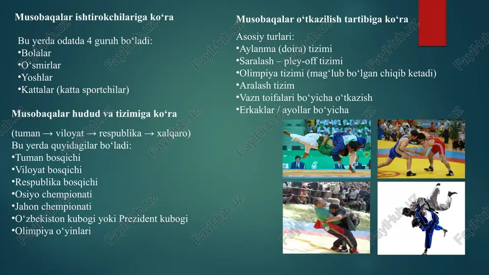 sab energiyasini saqlash lozim. har qanday musobaqaning markaziy o’rnida bellashuv turadi. agar unga faoliyat nazariyasi nuqtai nazaridan qarasak, u bir nechta maqsad osti mo’ljallarni ko’zlaydi. g’alaba qozonish uchun kurashchi eng kami 3 ballik muvaffaqiyatli hujum o’tkazishi lozim va raqibga o’zini 2 balldan ortiq hujum qilishiga yo’l qo’ymaslik, hakamlarga o’zini diskvalifikastiya qilishga imkon bermasligi kerak. albatta, kurashning kechishi hisobsiz variantlarga ega va shuning uchun maqsad osti mo’ljallar yanada ko’proq bo’lishi mumkin. buning uchun bellashuv davomida sinab ko’rish lozim, kuchlarni tiklab, oxirgi soniyalarda ustunlikni saqlab qolish, havfli vaziyatdan chiqib ketish yoki aksincha, xavfli vaziyatda raqibning kuragini erga tegizish va h. bellashuv davomida paydo bo’ladigan maqsad osti mo’ljallarni ajratishga to’xtalib o’tganimiz tasodifan emas, chunki ushbu tahlil keyinchalik bizga nafaqat kurash mazmunini faoliyat sifatida tushunib olishga, balki atamalar masalalariga oydinlik kiritishga ham ko’maklashadi. dzyudo - asosiy qoidalar va texnikalar 1 asosiy qoidalar dzyudo sportida to'liq nazorat ostida bo'lish, hujumlarni to'g'ri amalga oshirish muhim. 2 …