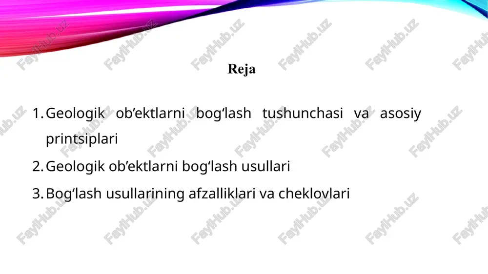 , turli hududlarda uchraydigan ohaktosh yoki qumtosh qatlamlarini ularning litologik xususiyatlariga ko‘ra bog‘lash mumkin. fosil printsipi, yoki biostratigrafik printsip, geologik bog‘lashda muhim rol o‘ynaydi. qatlamlarda topilgan o‘simlik va hayvon qoldiqlari faqat ma’lum geologik davrlarga xos bo‘ladi. shu sababli fosillarga tayangan holda qatlamlarning yoshini aniqlash va ularni hududlararo bog‘lash mumkin. masalan, ma’lum bir davrga xos ammonit yoki trilobit qoldiqlari mavjud bo‘lgan qatlamlar bir davrga mansub ekanligini ko‘rsatadi. fosillar nafaqat vaqtni belgilashda, balki geologik muhitning xususiyatlarini aniqlashda ham yordam beradi. geofizik printsip geologik bog‘lashda zamonaviy texnologiyalar yordamida qo‘llaniladi. yer osti tuzilishini aniqlash uchun seysmik, gravimetrik va magnit o‘lchovlar ishlatiladi. bu usullar orqali geologlar yuzaga chiqmagan qatlamlarni ham aniqlay oladi va turli hududlardagi ob’ektlarni bog‘lash imkoniyatiga ega bo‘ladi. masalan, neft-gaz izlanishlarida geofizik usullar asosida yer ostidagi geologik tuzilmalar xaritalanadi va ularning tarqalishi baholanadi. geomorfologik printsip relyef va landshaft xususiyatlariga asoslangan bo‘lib, turli hududlardagi geologik tuzilmalarni bog‘lash imkonini beradi. shu printsip orqali geologlar er …