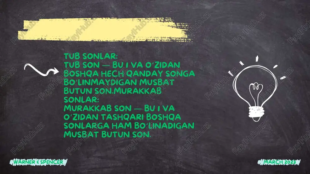 ng kichik umumiy karrali) har bir sonning karralarini yozib, umumiy karralarning eng kichigini tanlash. warner & spencer march 2023 murakkab songa bo‘linish alomati deganda, odatda murakkab sonlarning bo‘linish xususiyatlari bilan ishlash tushuniladi. murakkab sonlar bir nechta bo‘luvchilarga ega bo‘lgani uchun ularni tub songlarning bo‘luvchilariga ajratish orqali tekshirish osonroq. quyida murakkab songa bo‘linish alomatlari haqida tushuntirib o‘tamiz:warner & spencer march 2023 murakkab songa bo‘linishni aniqlash bosqichlari tub sonlar orqali tekshirish: murakkab son bir nechta tub sonlarning ko‘paytmasidan tashkil topadi. shu sababdan, uni bo‘luvchilar orqali bo‘linishini tekshirish mumkin.murakkab sonni bo‘luvchilariga ajratish: murakkab sonning har bir bo‘luvchisini tekshirish orqali son qoldiqsiz bo‘linadimi, aniqlash mumkinmurakkab sonni tub ko‘paytuvchilar sifatida yozish: murakkab sonni tub ko‘paytuvchilar ko‘rinishida yozib, har bir tub bo‘luvchiga tekshiriladi.. warner & spencer march 2023 arifmetikaning asosiy teoremasi arifmetikaning asosiy teoremasi shunday deyilgan: har bir 1 dan katta butun son faqat bir usulda tub sonlarning ko‘paytmasi sifatida ifodalanadi (ko‘paytma tartibi farq qilmasa)." tushuntirish:bu …