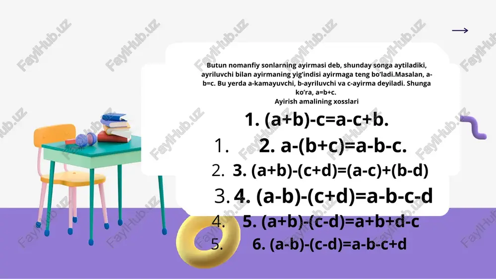 ar qatori cheksiz. natural sonlar (1,2,3,4,5…). natural sonlar birlik kesmaga joylanganda, har bir natural son o’zidan chap tarafda turgan sindan katta. urok 1 urok 2 a chekli to’plam elementlari sonini n(a) orqali belgilaymiz. agar a to’plam k elementga ega bo’lsa, a to’plam k elementli deyiladi. a= {1,2,3}. n(a)=3. chekli to’plam deb elementlari sonini aniqlash mumkin bo’lgan to’plamga aytiladi. tartib sonlar- natural sonlarning boshqacha nomi. natural, ya’ni butun musbat son chekli to’plamdagi elementlar sonini yoki tartiblangan ketma-ketlikda element o’rnini belgilashi mumkin.