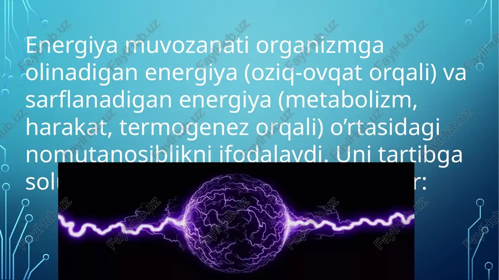 na og’irligi bir xil darajada saqlanadi. ​gomeostazni ta’minlash: doimiy haroratni, hujayra funksiyalarini va organlar faoliyatini saqlash uchun doimiy energiya mavjudligini ta’minlaydi. ​kasalliklarning oldini olish: muvozanatning buzilishi ko’plab surunkali kasalliklarga (masalan, 2-toifa diabet, yurak-qon tomir kasalliklari) rivojlanishiga asosiy sabab bo’ladi. ​reproduktiv funksiya: energiya yetishmasligi reproduktiv gormonlar va tsikllarning buzilishiga olib kelishi mumkin. image2.png image3.jpeg image4.jpeg image5.jpeg image6.jpeg image7.jpeg /docprops/thumbnail.jpeg