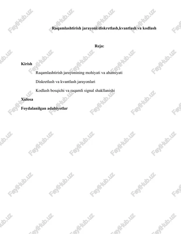 lash narxi va xizmat sifati (qos/qoe)ni bevosita belgilaydi. shu bois telekommunikatsiya, audio-video tizimlar, tibbiy tasvirlash, sanoat 4.0 sensorikasi, fintech va e-hukumat kabi sohalarda raqamlashtirish zanjirining har bir bo‘g‘ini uchun optimal parametrlarni tanlash strategik ahamiyatga ega. ushbu ishning maqsadi — diskretlash, kvantlash va kodlash bosqichlarining nazariy asoslari va amaliy mexanizmlarini yagona metodik doirada yoritish, ularning o‘zaro bog‘liqligi hamda sifat ko‘rsatkichlariga (aliasing, snr, bit tezligi, xatolik ehtimoli, siqish darajasi) ta’sirini ochib berishdir. tadqiqot obyekti — uzluksiz signallardan raqamli namoyishga o‘tish zanjiri; predmeti — namunalash chastotasi, kvantlash qadamining tanlanishi, kodlash usullarining xatolarga bardoshliligi va siqish samaradorligi. metodlar sifatida signal va tizimlar nazariyasi, ehtimollar nazariyasi, axborot nazariyasi, raqamli filtrlash va modellashtirish usullari qo‘llanadi. kutiladigan amaliy natija — real tizimlar uchun parametrlarni tanlash bo‘yicha tavsiyalar: (i) namunalashdan oldingi anti-aliasing filtrlash, (ii) talab etilgan snr bo‘yicha bit chuqurligini aniqlash, (iii) maqsadga muvofiq kodlash (manba/kanai) sxemalarini tanlash va ularni tarmoq sharoitlariga moslashtirish. shu tarzda ishlab chiqilgan yondashuv …