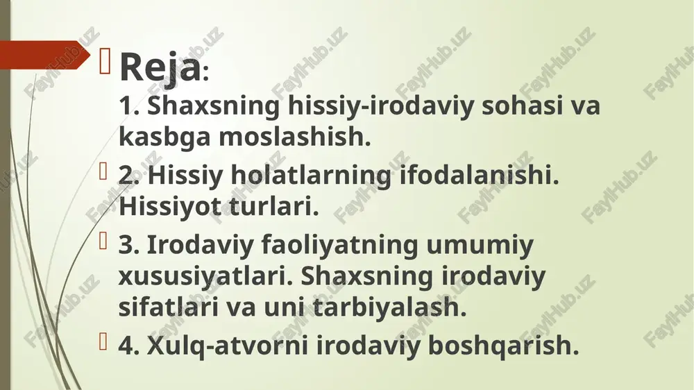 i shunday tuyilgan axborot olinishi bilan bog`liq salbiy hissiy holatdir. g`azablanish- odatda affekt tarzida kechadigan va sub'ekt uchun g`oyat muhim ehtiyojni qondirish borasida jiddiy to`siq paydo bo`lgani oqibatida kelib chiqadigan, ifodalanishiga ko`ra salbiy hissiy holat . iztirob chekishdan farqi g`azablanish stenik tarzda, ko`rinishda bo`ladi. (kuch g`ayratni oshirib yuboradi). nafratlanish- ob'ektiv holatga sub'ektning mafkuraviy, ma'naviy, estetik printsiplari va yo`l-yo`riqlariga keskin zid kelib qolishi oqibatida ro`y beradigan salbiy hissiy holatdir.nafratlanish tajovuzkorlik xulq-atvoriga sabab bo`lishi mumkin. jirkanish -shaxslararo munosabatlarda ro`y beradigan va sub'ektning hayotiy nuqtai nazari, qarashlari va xulq-atvoriga nomutanosibligi oqibatida hosil bo`ladigan salbiy hissiy holatdir. qo`rquv -sub'ekt o`zining xotirjam hayot kechirishiga ziyon etishi mumkinligi haqida, unga real tarzda tahdid solayotgan yoki tahdid solishi mumkin bo`lgan xavf-xatar haqidagi xabarni olishi bilan paydo bo`ladigan salbiy hissiy holatdir. qo`rquv hissiyoti stenik tusda ham, astenik tusda ham bo`lishi mumkin, yoxud hissiy zo`riqishlar tarzida, yoxud ruhan astoydil tushkunlikka berilgan va xavotirlangan tarzda, yoxud affektiv holatga tushgan tarzda …