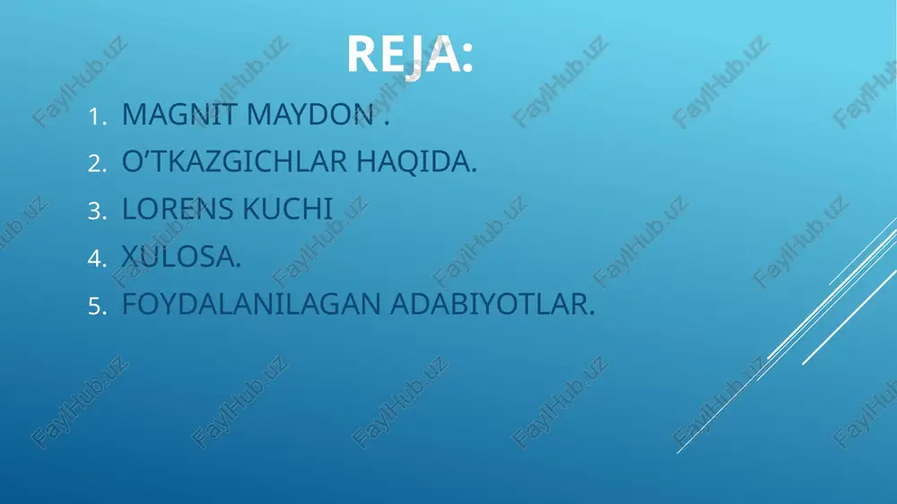 rakteristikasini tafsiflovchi fizik kattalik magnit maydon induksiyasi deb ataladi. magnit maydon induksiyasi vektor kattalik bo‘lib, u harfi bilan belgilanadi. magnit maydoni magnit maydon induksiyasining birligi qilib xbsda serbiya fizigi nikola teslaning sharafiga tesla (t) deb atash qabul qilingan. magnit maydon modda emas, balki alohida zarralardan mujassamlangan moddadan tamomila farqli ravishda, materiyaning fazoda uzluksiz mavjud bo'lgan turidir. tokli o'tkazgichlarning magnit maydoni cheksizlikkacha yoyiladi, biroq masofa ortishi bilan magnit kuchlari juda tez zaiflashadi. shu sababli amalda magnit kuchlarining ta'sirini tokli o'tkazgichga yaqin masafalardagina sezish mumkin. tinch turgan elektr zaryadlari atrofidagi fazoda elektr maydon hosil bo'lgani kabi, toklar atrofidagi fazoda tokli o'tkazgichga ta'sir etuvchi, materiyaning maxsus ko'rinishi bo'lgan magnit maydon hosil bo'ladi. mana shu magnit maydon kuchlarining manbayidir.tabiiy magnit uzoq vaqt ta'sir ettirilganda magnitlangan po'lat bo'laklari sun'iy magnitlar deyiladi. elektr oʻtkazgichlar — elektr oʻtkazuvchanlik xossasi yuqori (elektr tokini yaxshi oʻtkazadigan) va solishtirma qarshiligi kichik (r<10~4 omsm) boʻlgan moddalar. solishtirma qarshiligi katta (r~ 1014—1022omsm) …