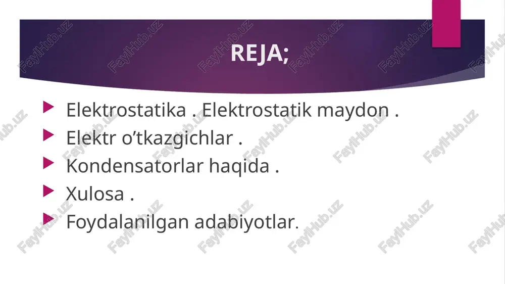 r, bog‘langan zaryadlarda bunday bo‘lmaydi. bo‘shliqdaesa va vektorlar ustma-ust tushadi. induksiya vektorining chizig‘i deb shunday chiziqqa aytiladiki, bu chiziqning har bir nuqtasiga o ‘tkazilgan urinmaning yo‘nalishi induksiya vektorining yo‘nalishi bilan ustm a-ust tushadi. chiziqning yo‘nalishi har bir nuqtada induksiya vektorining yo‘nalishi shu nuqtadagi chiziq yo‘nalishiga mos keladi deb hisoblanadi. elektr oʻtkazgichlar — elektr oʻtkazuvchanlik xossasi yuqori (elektr tokini yaxshi oʻtkazadigan) va solishtirma qarshiligi kichik (r<10~4 omsm) boʻlgan moddalar. solishtirma qarshiligi katta (r~ 1014—1022omsm) moddalar izolyatorlar, bular bilan oʻtkazgichlar oʻrtasidagi moddalar esa yarimoʻtkazgichlar deyiladi. elektr oʻtkazgichlar jumlasiga metallar, elektrolitlar va plazmalar kiradi. metallarda erkin elektronlar, elektrolitlarda musbat va manfiy ionlar, plazmalarda esa erkin elektronlar, musbat va manfiy ionlar tok tashuvchilar vazifasini bajaradi. koʻpgina metallar va baʼzi yarimoʻtkazgichlar past trada oʻta oʻtkazuvchan (elektr oʻtkazish qarshiligi nolgacha pasaygan) holatga oʻtadi. elektr oʻtkazuvchanlik — tashki elektr maydon taʼsirida moddada elektr zaryadlarning koʻchishini ifodalaydigan tushuncha; jismning elektr tokini oʻtkazish xususiyati va bu xususiyatni miqdoran ifodalaydigan …
