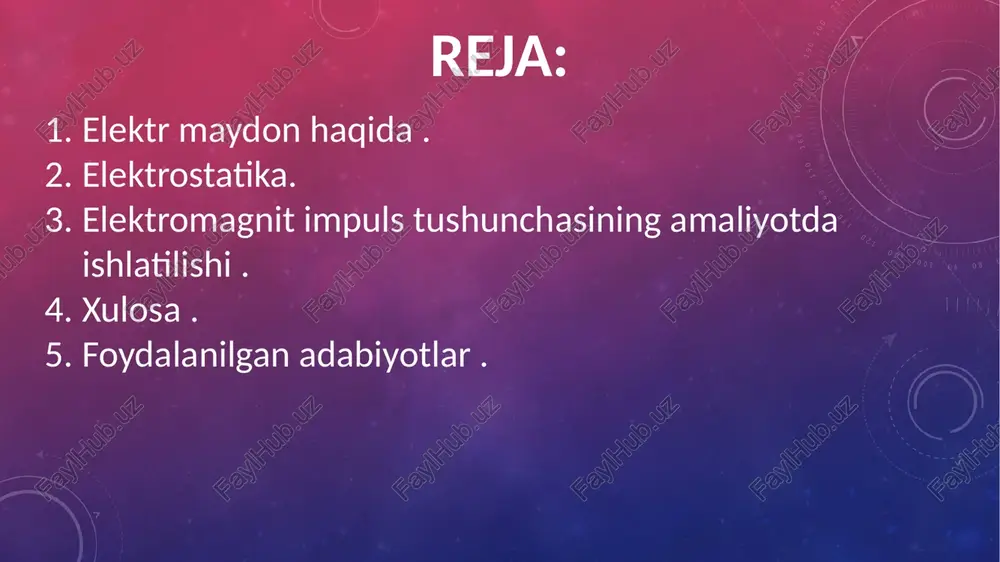 it impuls tushunchasidan foydalanib, yorug'lik bosimi deb ataladigan hodisani tekshirib koʻraylik. maʼlumki, yorugʻlik — bu tarqaluvchi elektromagnit maydon, yaʼni elektromagnit to'lqindan iborat. bu toʻlqinning tarqalish yoʻnalishi bilan nurlanish vektori s ning yoʻnalishi bir xil. demak, (5) ga muvofiq, e va h vektorlar shu yoʻnalishga perpendikulyardir. biror jismning sirtiga perpendikulyar ravishda toʻlqin tushyapti deb faraz qilaylik. bu toʻlqin jismning zaryadlariga lorens kuchi bilan taʼsir qiladi. toʻlqinning elektr maydoni jism sirtida zaryadlarni harakatlantiradi, yaʼni tok hosil qiladi. toʻlqinning magnit maydoni esa bu tokka taʼsir qiladi. bunda taʼsir kuchining yoʻnalishi tushayotgan toʻlqinning yoʻnalishi bilan bir xil.. tegashli oʻlchov asboblarini tashqi elektr maydon taʼsiridan saqlashda shu xususiyatdan foydalaniladi. dielektrik zaryadlari bogʻlangan zaryadlardan iborat. tashqi elektr maydon taʼsirida musbat va manfiy ishorali bogʻlangan zaryadlar qarama-qarshi yoʻnalishlarda siljish natijasida dielektrik qutblanadi, uning sirtidagi bir tomonda musbat ishorali bogʻlangan zaryadlar, ikkinchi tomonda esa manfiy ishorali bogʻlangan zaryadlar paydo boʻladi. vakuumda elektrostatik maydonning xossalarini o‘iganishda kuchlanganlik chiziqlari tushunchasini …