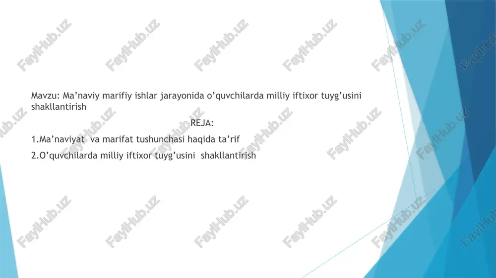 a aql, sogʻlom fikr, adolat va yaxshi xulq ustuvordir. bunday jamiyatda xalqning ertangi kunga ishonchi kuchli boʻladi, odamga nomunosib turli illatlar barham topadi. millatning asrlar davomida shakllangan ildizlari, uning tarixiy tajribalari va ijtimoiymadaniy rivojlanishisiz maʼnaviyatni tasavvur qilish qiyin. „maʼnaviyat — insonning, xalqning, jamiyatning, davlatning kuch-qudratidir. u yoʻq joyda hech qachon baxt-saodat boʻlmaydi“, degan edi oʻzbekistonning ilk prezidenti islom karimov. maʼrifat — kishilarning ongini, bilimini, madaniyatini oshirishga qaratilgan taʼlimtarbiya. u tabiat, jamiyat va inson mohiyati haqidagi turli bilimlar, maʼlumotlar majmu-asini ham bildiradi. maʼrifat ilmu urfon maʼnosida ham ishlatiladi. maʼrifat tushunchasi madaniyat, maʼnaviyat tushunchalari bilan bogʻliq. maʼrifat maʼnaviy qaramlikni bartaraf qiladi, insonga kuch-qudrat ato etadi. u kishilarni jaholatdan qutqaradi, buzuq ishlardan qaytaradi, yaxshi xulq va odob egasi boʻlishga yordam beradi. maʼrifatli kishilardan tashkil topgan jamiyat ravnaq topadi, kelajagi porloq boʻladi. maʼrifat — bilim va madaniyatning qoʻshma mazmuni boʻlib, maorif uni yoyish vositasvdir. maʼrifatni hayotga singdirish maorif tizimi orkali amalga oshiriladi. tasavvufda maʼrifat …
