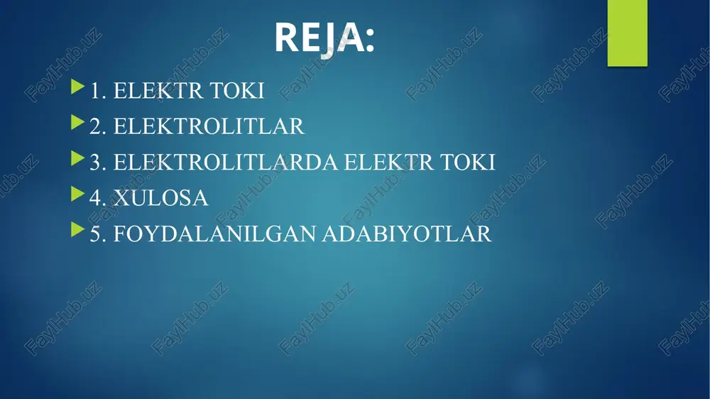 elektr tokining ishi nima elektrolitlar (elektro… va yun. 1u1o8 — eruvchan, parchalanuvchan) — elektr tokini oʻtkazuvchi ionlarning maʼlum konsentratsiyasi qatnashadigan kimyoviy moddalar yoxud sistema; tor maʼnoda — elektrolitik dissotsiatsiya natijasida hosil boʻladigan ionlar bilan elektr toki oʻtkazadigan eritmalar. elektrolitik dissotsiatsiya darajasiga koʻra kuchli elektrolitlar (a birga yaqin) va kuchsiz elektrolitlar (a 0 ga yaqin) farqlanadi. eritmada 1 ta molekulani dissotsiatsiyalaydigan ionlar soniga qarab elektrolitlar binar (2 ta ion), ternar (3), kvarternar (4), simmetrik va assimmetrik xillarga boʻlinadi. elektrolitlar fan va texnikada keng qoʻllanadi. tirik organizmlarning barcha suyuq sistemalarida elektrolitlar boʻladi. elektrolitlar koʻpgina kimyoviy sintezlar va elektrokimyoviy ishlab chiqarish jarayonlarida muhim ahamiyatga ega. elektrolit eritmalar deb suyuqlanmasi yoki suvdagi eritmasi elektr toʻkini oʻtkazsa elektrolitlar hisoblanadi elektr zaryadining harakati elektr toki sifatida tanilgan, uning intensivligi odatda amperlarda oʻlchanadi. oqim har qanday harakatlanuvchi zaryadlangan zarralardan iborat boʻlishi mumkin; koʻpincha bu elektronlar, ammo harakatdagi har qanday zaryad oqimni tashkil qiladi. elektr toki baʼzi narsalar, …