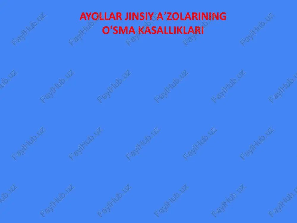 sgiðofiz- buyrakusti bezi, tuxumdonlar orasidagi munosabatning biron-bir qismining shikastlanishi hamda bachadondagi o‘zgarishlar natijasida, xususan, miometriyning giðerplaziyasi tufayli vujudga kelishi mumkin. k l i n i k a s i. ayrim hollarda bachadon miomasi hech qanday belgilarsiz kechadi, ayollarda shikoyatlar bo‘lmaydi, ammo profilaktika maqsadida ayol tekshirilganda aniqlanadi. 60–80% hollarda asosiy belgilardan biri bemorda qon ketishi hisoblanadi. qon ketishi alomatlari turli bemorlarda turlicha kechadi. ba’zilarida hayz sikli uzayishi yoki hayz vaqtida qon miqdorining biroz ko‘payishi – menorragiya kuzatilsa, ba’zilarda tartibsiz, juda ko‘p to‘xtovsiz qon ketib, og‘ir turdagi kamqonlik kasalligiga sabab bo‘lishi mumkin. hayz 10–12 kungacha davom etib, juda ko‘p miqdorda qon ketadi, bunga giðerpolimenoreya deyiladi. miomalarda ko‘p uchraydigan belgilardan yana biri og‘riqdir. og‘riq xuddi dard tutganga, sanchiqqa o‘xshash bo‘lib, ayniqsa hayz ko‘rishdan oldin va hayz ko‘rish vaqtida kuchayadi, pastga tortganga o‘xshab zo‘rayishi yallig‘lanishdan keyingi bitishmalar borligidan darak beradigan belgi hisoblanadi. d a v o s i. miomasi bo‘lgan hamma ayollar dastlab umumiy …