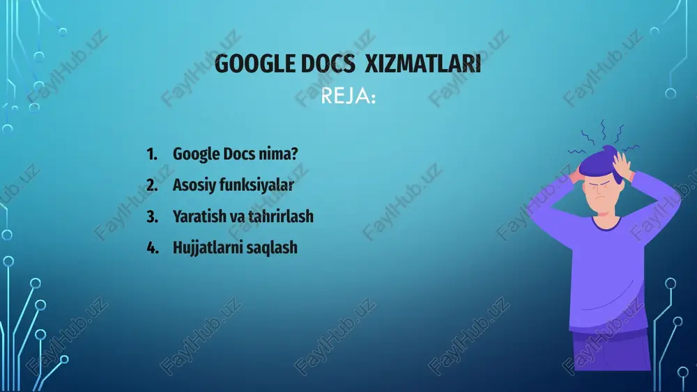 google drive’dagi bulutda saqlanadi, shuningdek, ular har doim va har joydan kirish mumkin bo'ladi. bu samarali ishlash uchun muhim. google docs orqali hujjatlarni ta'ciz qilish, tahrirlash va bo'lishish uchun qulay vositalar mavjud. bu xizmat ish jarayonini optimallashtirishda yordam beradi. ulashish imkoniyatlari google docs xizmatlarida hujjatlarni tez va oson ulashish imkoniyati mavjud. bu, jamoaviy ishlashda samarali va qulaylik yaratadi. foydalanuvchilar sirli va xavfsiz tarzda ma'lumot almashadilar. hujjatlar uchun foydalanish uchinish imkoniyatlari kengaytirilgan. ruxsatlar va yozish imkoniyatlarini sozlash orqali, hamkorlik jarayonini boshqarish osonlashadi. shu bilan, ish samaradorligi oshadi. ulashish imkoniyatlari yordamida, hujjatlarni istalgan joydan va qurilmadan kirish mumkin. bu mobil kommunikatsiya va masofaviy ishni rivojlantiradi. foydalanuvchilarga qulay va vaqt tejash imkonini beradi. online hamkorlik google docs xizmatlari online hamkorlik uchun ideal variant bo‘lib, foydalanuvchilarga real vaqt rejimida hujjatlar ustida ishlash imkonini beradi. bu xizmat ko'plab jamoalar uchun qulaydir. hujjatlarni yaratish, tahrirlash va saqlash jarayonlari oddiy va qulay. hamkorlikda ishlashda chat va sharhlar …