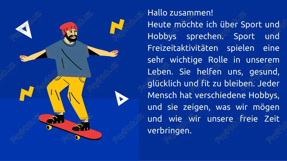 . schluss zum schluss möchte ich sagen: ohne sport und hobbys wäre das leben langweilig. sie geben uns freude, gesundheit und motivation. darum versuche ich, jeden tag etwas aktives oder kreatives zu tun – sei es sport, musik oder lernen. danke für eure aufmerksamkeit!