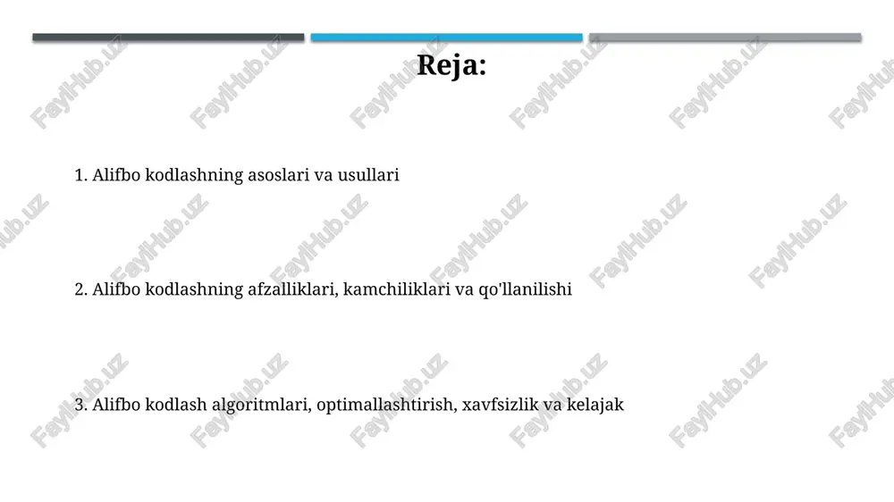 6 bitda ham ifodalanishi mumkin. alifbo kodlash ma'lumotlarni tezroq uzatish imkonini beradi. agar har bir belgi uchun kamroq bit ishlatilsa, ma'lumotlarni uzatish uchun zarur bo'lgan vaqt ham kamayadi, bu esa 25% dan 40% gacha tezlikni oshirishi mumkin. alifbo kodlashning kamchiliklari oddiy alifbo kodlash usullari, masalan, caesar shifri, 26 ta harfdan iborat alifbo bilan cheklanganligi sababli, juda zaif va buzish oson. kalitlar qisqa bo'lgani uchun himoya darajasi past. alifbo kodlashning ba'zi usullari, ayniqsa, murakkab algoritmlar hisoblash nuqtai nazaridan qimmatga tushishi mumkin, bu esa katta hajmdagi ma'lumotlarni kodlashda yoki real vaqtda ishlashda 100 marta sekinlashishga olib keladi. alifbo kodlashning qo'llanilishi alifbo kodlash matnni qisqartirishda qo'llaniladi, masalan, sms xabarlarida 160 ta belgidan ortiq xabarlarni birlashtirish uchun, bu esa aloqa samaradorligini oshiradi va ma'lumotlar hajmini kamaytiradi. ma'lumotlar bazalarida alifbo kodlash indekslarni yaratishda ishlatiladi, bu esa 20% gacha tezroq qidiruv natijalarini beradi. misol uchun, katta hajmdagi ismlar bazasida qidiruvni optimallashtirish mumkin. alifbo kodlash algoritmlari huffman …