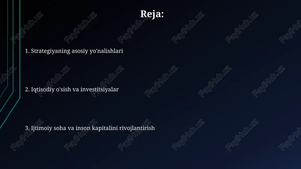 atlarini 2026 yilga borib 7 foizga yetkazish, xususiy sektorni rivojlantirish va investitsiya muhitini yaxshilash orqali raqobatbardoshlikni oshirish ko'zda tutilgan. davlat ishtirokidagi korxonalarni isloh qilish, aktivlarni xususiylashtirish va biznes uchun teng sharoitlar yaratish orqali iqtisodiyotda raqobat muhitini shakllantirish strategiyaning muhim yo'nalishidir. ijtimoiy sohadagi o‘zgarishlar 2026-yilgacha ijtimoiy himoyaga muhtoj aholi qatlamlarini qo'llab-quvvatlashning yangi mexanizmlari joriy etiladi, shu jumladan "ijtimoiy kontrakt" tizimi kengaytiriladi va 1,2 million fuqaroni qamrab oladi. ta'lim sohasida 2026-yilgacha maktabgacha ta'lim qamrovini 80%ga yetkazish, professional ta'lim tizimini takomillashtirish va oliy ta'lim muassasalarining sonini kamida 30%ga oshirish rejalashtirilgan. sog'liqni saqlash tizimida birlamchi tibbiy-sanitariya yordamini rivojlantirish, xususiy tibbiyotni qo'llab-quvvatlash va 2026-yilgacha aholining o'rtacha umr ko'rish davomiyligini 75 yoshga yetkazish maqsad qilingan. ta’lim, fan va innovatsiyalarni rivojlantirish innovatsiyalarni rivojlantirish uchun har yili kamida 30 ta yangi ilmiy-tadqiqot muassasalari tashkil etilib, ularning faoliyatiga davlat tomonidan 100 milliard so'm mablag' ajratiladi. ta'lim sifatini oshirish maqsadida 2026-yilgacha kamida 10 ta yetakchi xorijiy universitetlar bilan qoʻshma dasturlar …