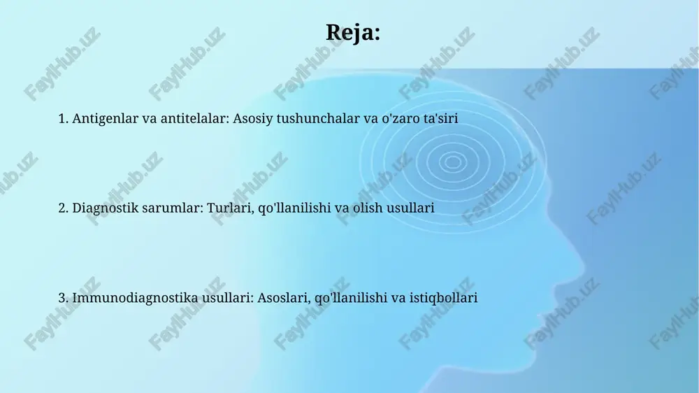 odatda 2-4 hafta interval bilan, antitelalar titrini oshirish uchun adjuvantlar bilan birga. jarayon antitelalarni yuqori miqdorda ishlab chiqarishni rag'batlantiradi. poliklonal antitelalar olish uchun, bir nechta b hujayralarini rag'batlantirish maqsadida, bir nechta epitoplarga ega bo'lgan kompleks antigenlardan foydalaniladi. bu turli xil antitelalar aralashmasini ta'minlaydi. immunologik diagnostika usullari immunodiffuziya usuli antitelalar va antigenlar orasidagi o'zaro ta'sirni aniqlash uchun ishlatiladi, bunda 12-24 soat ichida gel ichida cho'kma chiziqlari hosil bo'ladi. elisa usuli 96 quduqli plastinkalarda amalga oshiriladi va antitelalar yoki antigenlarni miqdoriy aniqlash uchun ferment bilan bog'langan antitelalardan foydalanadi. diagnostik sarumlarning sifati va qo'llanilishi diagnostik sarumlarning sifati, ularning spetsifikligi (masalan, 95%) va sezuvchanligi (80%), kasallikni aniqlashda muhim ahamiyatga ega. yuqori spetsifiklik noto'g'ri musbat natijalarni kamaytiradi. diagnostik sarumlar infektsion kasalliklarni tashxislashda, masalan, elisa testi orqali virus antitelalarini aniqlashda qo'llaniladi. bu, ayniqsa, erta bosqichlarda tashxis qo'yishga yordam beradi. klinik diagnostikada antitelalar va antigenlarni aniqlash klinik diagnostikada antitelalar immunoassay usullari orqali aniqlanadi, bunda 10-9 g/ml gacha …