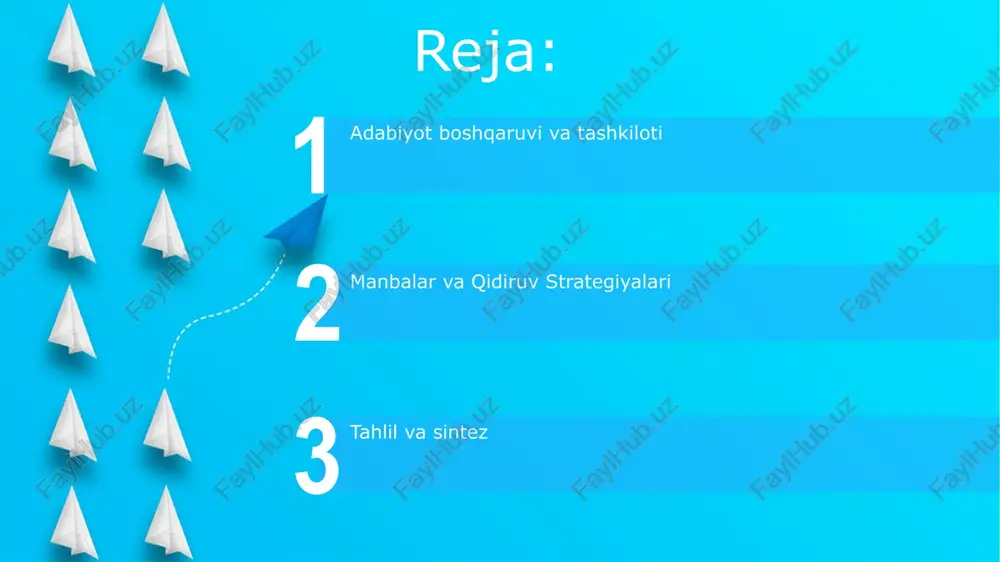 ar yarating adabiyot matritsasi yaratish yakuniy hisobot matritsa va to'plangan fayldan topilmalarni birlashtirib, tadqiqot savoliga javob berish uchun ma'lumotlarni umumlashtiradi qidiruv operatorlaridan (bul algebrasi) foydalanish ma'lumotlarni umumlashtirish start turli geografik joylarda mavjud tadqiqotlardagi umumiy mavzularni, ziddiyatlarni va bo'shliqlarni aniqlash (masalan, los-anjeles va dehlidagi ifloslanish darajasini taqqoslash), statistik ma'lumotlarni tegishli dasturlar (spss, r) yordamida tahlil qilish va natijalarni yakuniy 5000–10000 so'zli hisobot uchun yaxlit hikoya tarzida birlashtirish. adabiyot faylini tuzish uchun iqtiboslarni (apa, mla, chicago) bir nechta ma'lumotlar bazasidan (pubmed, web of science, scopus) boshqarish uchun kuchli tizim (masalan, zotero, mendeley) zarur, 20+ betlik hisobotda aniq havolalarni ta'minlash va turli xil ma'lumot turlaridan (sifatli, miqdoriy) foydalanish kerak. qidiruv strategiyangizni takomillashtirish to'plangan ma'lumotlarni tahlil qilib, tadqiqotdagi bo'shliqlarni, tendentsiyalarni va ziddiyatli xulosalarni aniqlang, aniq geografik joylarni (masalan, saudiya arabistoni, fors ko'rfazi sohili) va ularning qayta ishlash jarayonlari yoki siyosatiga ta'sirini qayd eting. kelajakdagi qidiruv so'zlarini aniqlangan maqolalardagi kalit so'zlar yordamida takomillashtiring. adabiyotlar faylini …
