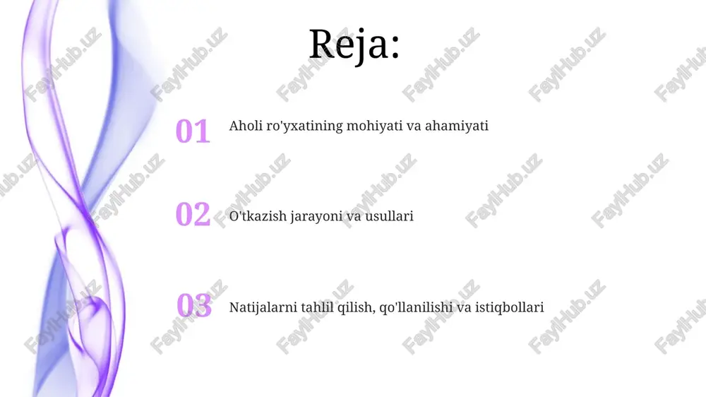 g'liqni saqlash va transport kabi sohalarga qancha mablag' ajratish kerakligini aniqlashga yordam beradi. census natijalari veb-saytlar va nashrlar orqali e'lon qilinadi, shuningdek, maxsus so'rovlar uchun ma'lumotlar bazalaridan 100 dan ortiq jadval va xaritalarni o'z ichiga olgan ma'lumotlar to'plami taqdim etiladi. tanqid, cheklovlar va kelajak istiqbollari aholi ro'yxatga olishning tanqidi, masalan, etnik yoki diniy savollar noaniqligi 1990-yillarda urushlar avj olishiga sabab bo'lishi mumkin. ma'lumotlar aniqligi qiyin va qimmat bo'lishi mumkin. raqamlashtirish kelajak istiqbollariga sezilarli ta'sir qiladi, lekin har doim ham hamma joyda mavjud emas, ayniqsa, qishloq joylarda yoki internetga ulanish past bo'lgan hududlarda 2024-yilgi ma'lumotlarni yig'ishda. e'tiboringiz uchun rahmat @taqdimot_robot image5.jpg image6.jpg image7.jpg image8.jpg image9.jpg image10.jpg image1.jpeg image2.jpeg image3.jpeg
