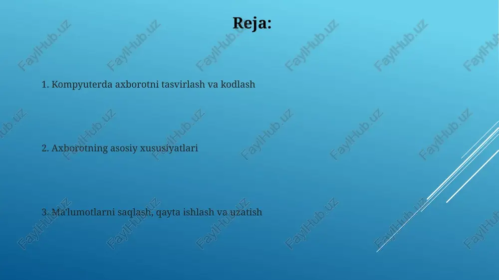 halik dolzarb bo'lmasligi mumkin. 1 soatlik kechikish ba'zi hollarda muhim emas. axborot hajmini o'lchash va saqlash axborot hajmini o'lchashda bit eng kichik birlik bo'lib, u 0 yoki 1 qiymatni ifodalaydi. 8 bit bir baytni tashkil etadi va bayt xotirada bitta belgini saqlash uchun ishlatiladi. ma'lumotlarni saqlash usullari xotira (ram) va disk (hdd/ssd) kabi turli xil qurilmalarda amalga oshiriladi. ram vaqtinchalik saqlash uchun tezkor, disk esa doimiy saqlash uchun katta hajmli xotiradir. axborotni qayta ishlash va uzatish axborotni qayta ishlash deganda, kiritilgan ma'lumotlarni ma'lum algoritmlar asosida o'zgartirish tushuniladi, masalan, 16-bitli ma'lumotni filtrlash yoki 8-bitli formatga o'tkazish jarayoni. axborotni uzatishda 5g kabi zamonaviy texnologiyalar katta hajmdagi ma'lumotlarni sekundiga 10 gigabitgacha tezlikda uzatish imkonini beradi, bu esa real vaqt rejimida ishlash uchun zarur. ma'lumotlar bazasi ma'lumotlar bazasi - bu ma'lumotlarni samarali saqlash va olish uchun tuzilgan, tartiblangan, bir-biri bilan bog'langan ma'lumotlar to'plami bo'lib, uning asosiy vazifasi 1000 dan ortiq yozuvlarni boshqarishdir. relatsion ma'lumotlar …