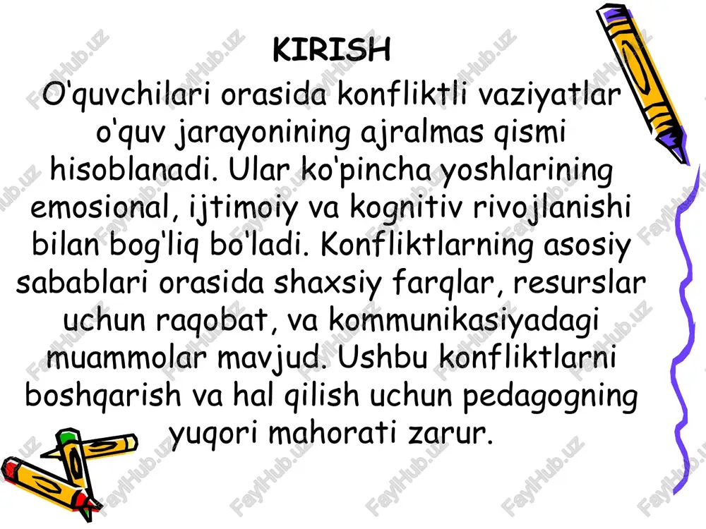yonni yanada samarali va qulay qilishga yordam beradi. pedagog mahoratining asosiy jihatlari quyidagilar: 1.empatiya va tushunish. o‘quvchilarning hissiyotlarini va ehtiyojlarini tushunish, ularni tinglash va qo‘llab-quvvatlash. bu ularga qo‘llab-quvvatlash va ishonch hissini yaratadi. 2. ochiq muloqot. samarali muloqot o‘rnatish va o‘quvchilar bilan ochiq, tushunarli suhbatlar o‘tkazish. konfliktlarni hal qilishda ochiq va aniq fikrlarni almashish zarur. 3. samarali rahbarlik. o‘quvchilarga o‘zini tutish, guruh ichida muvozanatni saqlash va ijtimoiy qoidalarni o‘rgatishda rahbarlik qilish. bu o‘quvchilarga qanday xatti-harakatlar to‘g‘ri va noto‘g‘ri ekanligini tushunishga yordam beradi. 4. mas’uliyatli qaror qabul qilish. konfliktli vaziyatlarda adolatli va oqilona qarorlar qabul qilish. har bir o‘quvchining nuqtai nazarini inobatga olish va muammoni holatga qarab hal qilish 5. o‘rnak bo‘lish. o‘z xatti-harakatlari va munosabatlari bilan o‘quvchilarga yaxshi o‘rnak ko‘rsatish. o‘quvchilar pedagogning xatti-harakatlari orqali to‘g‘ri va noto‘g‘ri xulqni o‘rganadilar. 6. konstruktiv tizim. o‘quvchilarga konfliktlarni hal qilishda konstruktiv yondashuvlarni o‘rgatish, muammolarni birgalikda yechish va jamoaviy ruhni rivojlantirish 7. yordamchi resurslardan foydalanish: zarur …