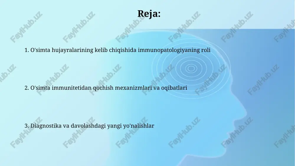 va autoimmun reaktsiyalar yallig'lanish o'simta rivojlanishiga ikki tomonlama ta'sir ko'rsatadi: bir tomondan, o'sma hujayralarining proliferatsiyasi uchun o'sish omillari 10-20% gacha ko'payishi mumkin. autoimmun reaktsiyalar, masalan paraneoplastik sindromlar, o'smaga qarshi immunitetni buzishi mumkin, bu esa uning 5-15% dan ortiq tezroq rivojlanishiga olib keladi. immunopatologik oqibatlar va klinik namoyonlar immunopatologik oqibatlar o'simta antigenlariga qarshi noto'g'ri yo'naltirilgan immunitet tufayli yuzaga kelishi mumkin, bu esa 1-toifa diabet kabi autoimmun kasalliklarga olib keladi. sitokin bo'roni kabi immun javoblar, davolanishga javoban o'smalarning tez o'sishi yoki parchalanishi natijasida kelib chiqishi mumkin, bu esa o'limga olib keladigan 20-30% hollarda og'ir toksiklikka olib keladi. diagnostika usullari va davolash strategiyalari (immunoterapiya) diagnostika usullarida o'simta biomarkerlarini aniqlash muhim, shu jumladan elisa testi orqali qonda saraton antijenlari ca-125 va psa miqdorini o'lchash orqali kasallikni erta aniqlash mumkin. immunoterapiyada checkpoint inhibitörleri, masalan, pd-1 va ctla-4 ga qarshi antitanachalar t hujayralarini faollashtiradi va o'simta hujayralariga qarshi immunitetni kuchaytiradi, natijada o'simta regressiyasiga olib keladi. prognoz …