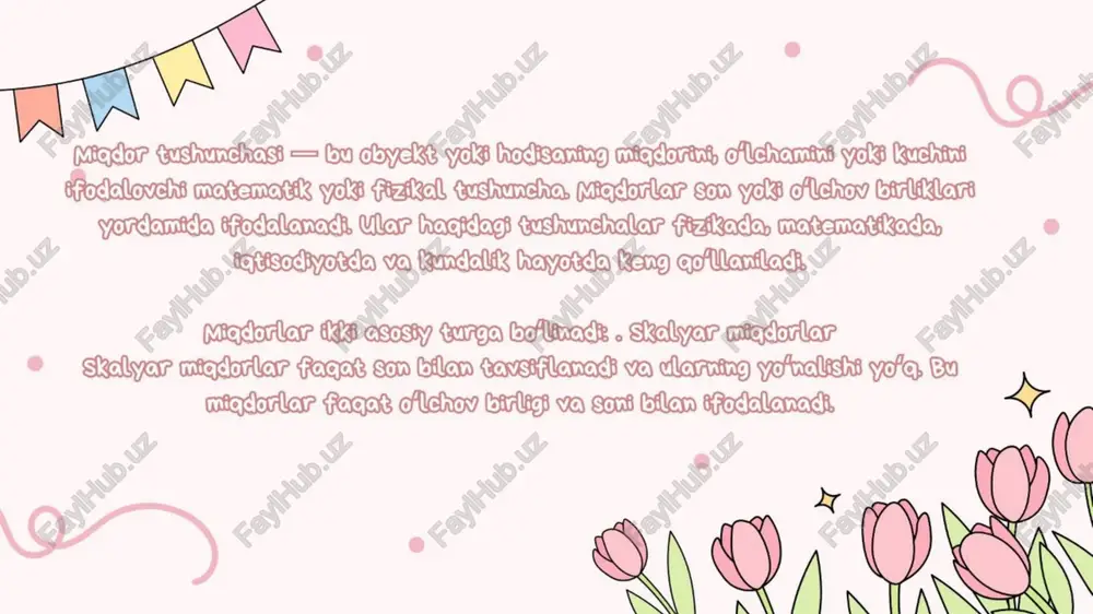 laydi. massa — jismning o‘lchami va u turadigan materialning miqdorining o‘lchovi bo‘lib, jismning inersiyasi va unga ta'sir etadigan kuchlarning o‘lchovidir. massa jismning harakatga qarshiligini (ineriyasini) va gravitatsion ta'sirini belgilaydi. massa — skalyar miqdor bo‘lib, u faqat o‘lchamga ega. lorem ipsum dolor sit amet, consectetur adipiscing elit. donec maximus risus sapien, ac imperdiet nulla finibus ut. duis tincidunt semper hendrerit. baho (yoki yuklama) — bu ob'ektga ta'sir etayotgan kuchning o‘lchovidir. bu ko‘pincha jismning og‘irligini ifodalaydi va jismning massa va gravitatsiya kuchi o‘rtasidagi munosabatni bildiradi. baho jismga ta'sir etayotgan kuchning o‘lchov birligi sifatida ishlatiladi. baho va massa o‘rtasidagi bog‘liqlik massa bilan bog‘liq ravishda, baho f = m × g formulasiga asoslanadi, bunda: m — jismning massasi, g — gravitatsiya tezlanishi (yer yuzida taxminan 9.81 m/s²). vaqt — fizik jarayonlarning davomiyligi yoki ketma- ketligini o‘lchash uchun ishlatiladigan miqdor. vaqtning o‘lchovi odatda hodisalar orasidagi interval sifatida qaraladi. vaqt har bir fizik jarayonda, masalan, harakat, …