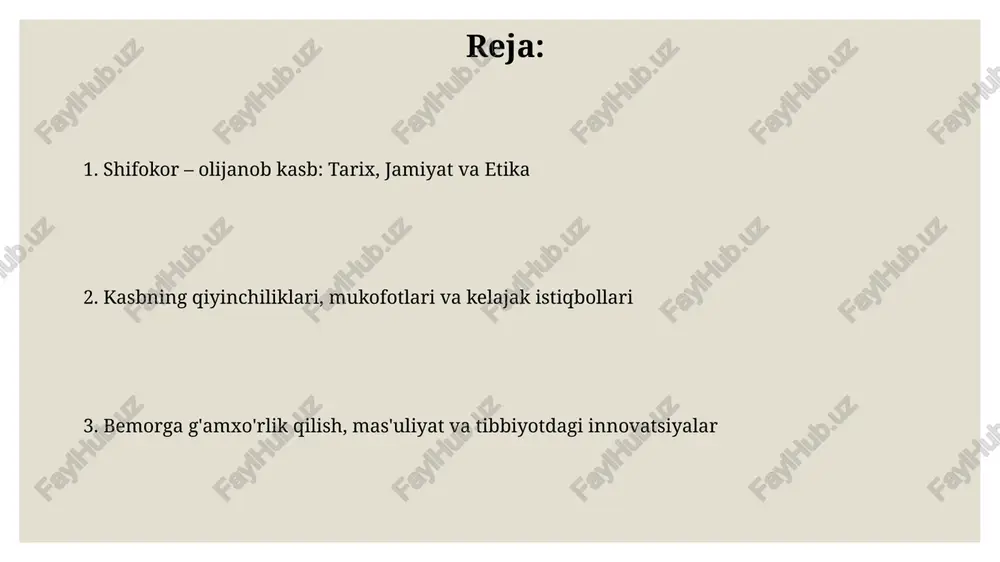 lar bemorlarning maxfiyligini himoya qilishni talab qiladi, bu esa bemorlar bilan samimiy munosabatlar o'rnatishda qiyinchiliklar tug'dirishi mumkin. tibbiyotning rivojlanishi va innovatsiyalar genomni tahrirlash texnologiyalari, masalan, crispr-cas9, genetik kasalliklarni davolashda inqilobiy yutuq bo'lib, kelajakda shaxsiy tibbiyotning rivojlanishiga turtki bo'ladi. sun'iy intellekt (ai) tibbiyotda keng qo'llanilmoqda, masalan, kasalliklarni 85% aniqlik bilan tashxislash, davolash usullarini optimallashtirish va yangi dori vositalarini ishlab chiqish jarayonini tezlashtirish. bemorga g'amxo'rlik qilish va mas'uliyat bemorga g'amxo'rlik qilish, faqatgina davolash emas, balki uning hissiy holatini tushunish va qo'llab-quvvatlashni o'z ichiga oladi, bu esa muvaffaqiyatli davolanish uchun 80% muhimdir. shifokor bemor oldida 100% mas'ul, bu tashxis qo'yishdan tortib to davolash jarayonining oxirigacha bo'lgan barcha bosqichlarni qamrab oladi va xatolarga yo'l qo'yilmasligini talab etadi. shifokorlarning jamiyatdagi roli va kelajak istiqbollari shifokorlar jamiyatda sog'liqni saqlash bo'yicha bilimdon maslahatchilar sifatida, xususan, 65 yoshdan oshgan aholi soni ortib borayotgan davrda muhim rol o'ynaydi. kelajakda shifokorlar sun'iy intellekt va telemeditsina kabi texnologiyalarni integratsiya qilib, 2030-yilga …