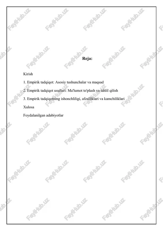 an foydalanishni nazarda tutadi. ushbu usul turli sohalarda, jumladan ijtimoiy fanlar, tabiiy fanlar va biznesda keng qo'llaniladi. empirik tadqiqotning asosiy xususiyatlaridan biri shundaki, u ma'lumotlar to'plash va tahlil qilishning aniq va tizimli usullariga rioya qiladi. bu esa tadqiqot natijalarining ishonchliligini va qayta tiklanishini ta'minlaydi. empirik tadqiqotning o'ziga xos xususiyati shundaki, u subyektiv fikrlashdan ko'ra ob'ektiv kuzatuvlarga asoslanadi. tadqiqotchilar ma'lumotlarni to'plash uchun so'rovnomalar, tajribalar, kuzatuvlar va mavjud ma'lumotlar kabi turli usullardan foydalanadilar. keyin to'plangan ma'lumotlar tendentsiyalarni aniqlash, naqshlarni topish va xulosalar chiqarish uchun tahlil qilinadi. misol tariqasida, farmatsevtika kompaniyasi yangi dori vositasining samaradorligini aniqlash uchun klinik sinovlarni o'tkazishi mumkin. ijtimoiy fanlarda esa, tadqiqotchilar aholining ma'lum bir siyosiy masalaga bo'lgan munosabatini o'rganish uchun so'rov o'tkazishlari mumkin. 📊 empirik tadqiqotning asosiy ma'lumotlari ushbu statistika empirik tadqiqotning asosiy jihatlarini ko'rsatadi tadqiqotlarning o'rtacha namunaviy hajmi 250 empirik tadqiqotlarda o'rtacha hisobda shuncha ishtirokchi qatnashadi tadqiqotlarning o'rtacha davomiyligi 6 oy empirik tadqiqot odatda shuncha vaqt davom etadi …