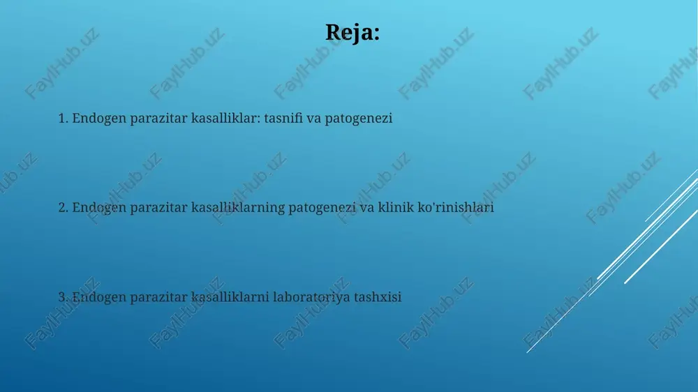 n parazit infeksiyasida muhim ahamiyatga ega; ular parazitlarni neytrallashga, opsonizatsiyaga va komplement kaskadini faollashtirishga yordam beradi, natijada parazitlarning yo'q qilinishi tezlashadi. klinik ko'rinish va asoratlar ba'zi endogen parazitar kasalliklar surunkali kechishi mumkin, 10-15 yilgacha latent davrda qolib, ichki organlarning progressiv shikastlanishiga olib keladi va og'ir asoratlarni keltirib chiqaradi. immun tizimi zaiflashgan bemorlarda, masalan, oiv/oits bilan kasallanganlarda, endogen parazitlarning faollashuvi sepsis yoki meningit kabi hayot uchun xavfli bo'lgan disseminatsiyalangan infektsiyaga olib kelishi mumkin. laboratoriya tashxis usullari mikroskopik tekshiruv usullari, masalan, qon surtmasini romanovskiy-gimza usuli bilan bo'yash, qon parazitlarini aniqlashda muhim, 100x kattalashtirishda tashxislash imkoniyatini beradi. serologik usullar, jumladan, elisa va ifa testlari, antitelalarni aniqlash uchun ishlatiladi, kasallikning o'tkir va surunkali bosqichlarini differentsiatsiya qilishda yordam beradi. davolash va profilaktika tamoyillari davolashda metronidazol 5-7 kun davomida anaerob protozoyalarga qarshi ishlatiladi; parazitning hayotiy siklini buzish maqsadida kompleks preparatlar qo'llaniladi. profilaktikada shaxsiy gigiena muhim; ifloslangan suvdan qochish, ovqatni yaxshilab pishirish va gigiena qoidalariga rioya qilish …